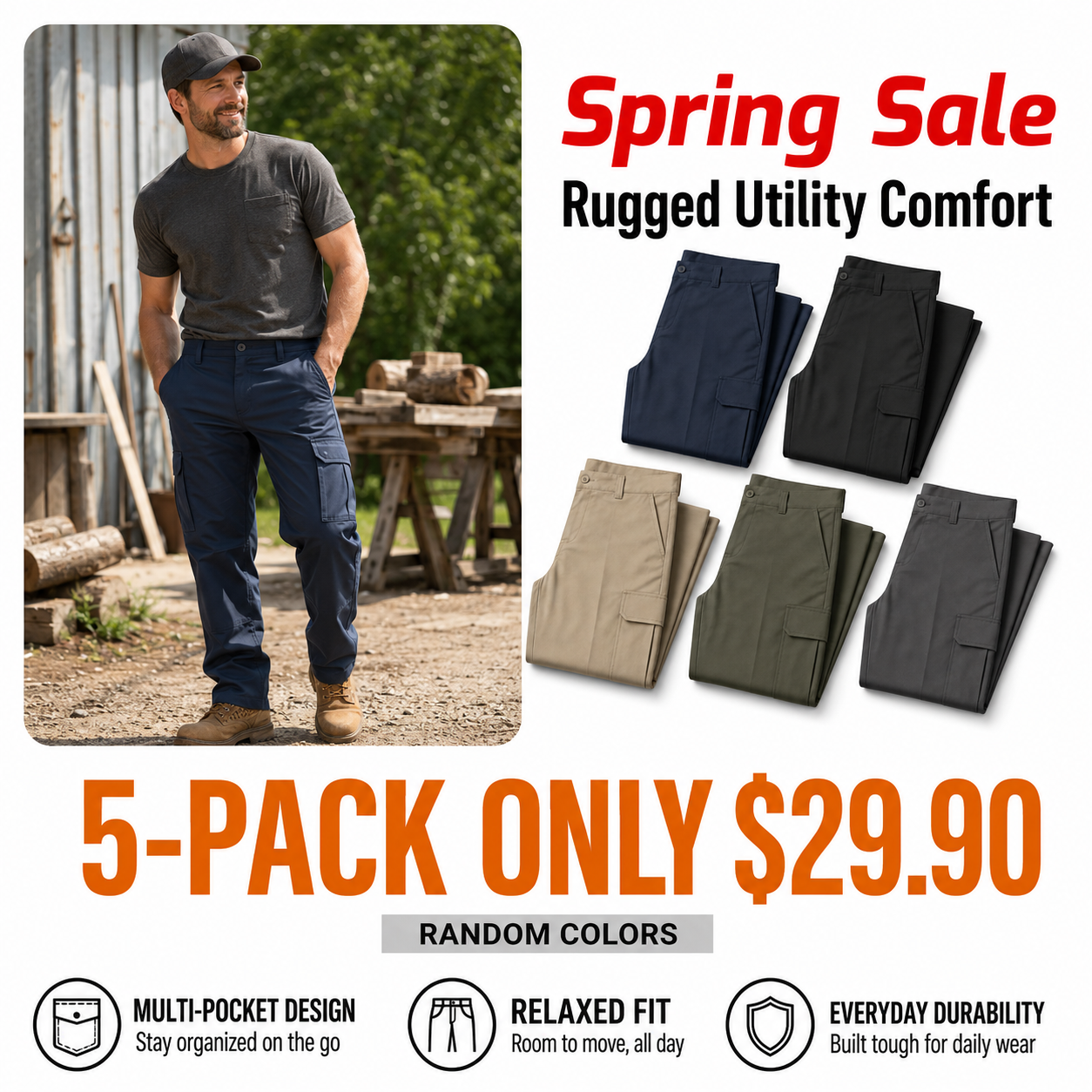 Men's Stretch Cargo Work Pants, Regular Fit Straight Leg, Comfortable Flexible Pants with Expandable Cargo Pockets
