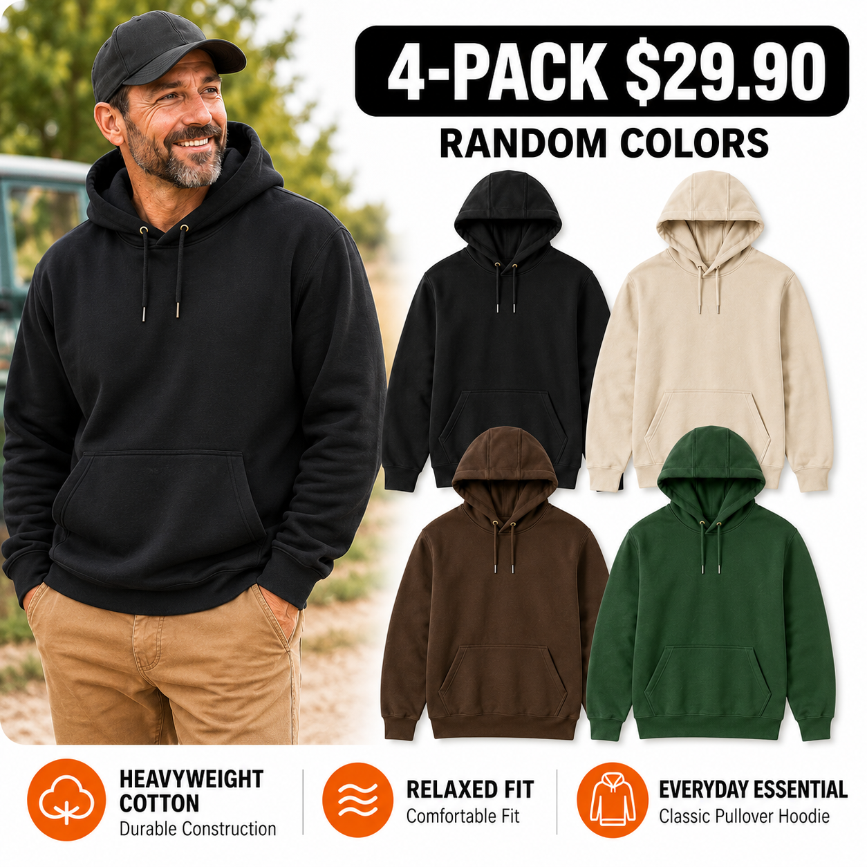 Men’s Pullover Hoodie – Solid Color Casual Sweatshirt with Kangaroo Pocket