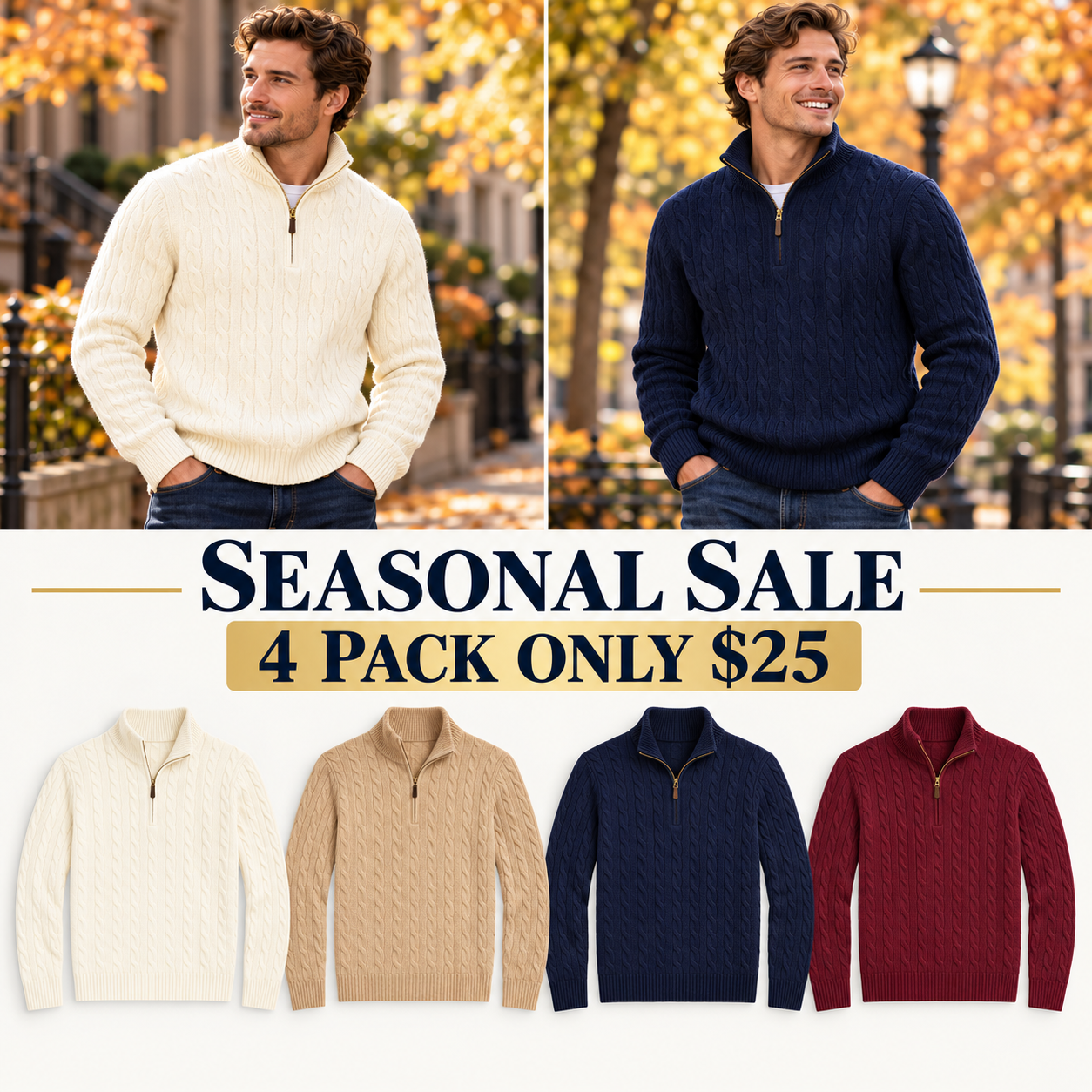 Men’s Cable Knit Quarter Zip Sweater, Classic Long Sleeve Pullover with Ribbed Collar, Cuffs and Hem, 8 Pack Only $32
