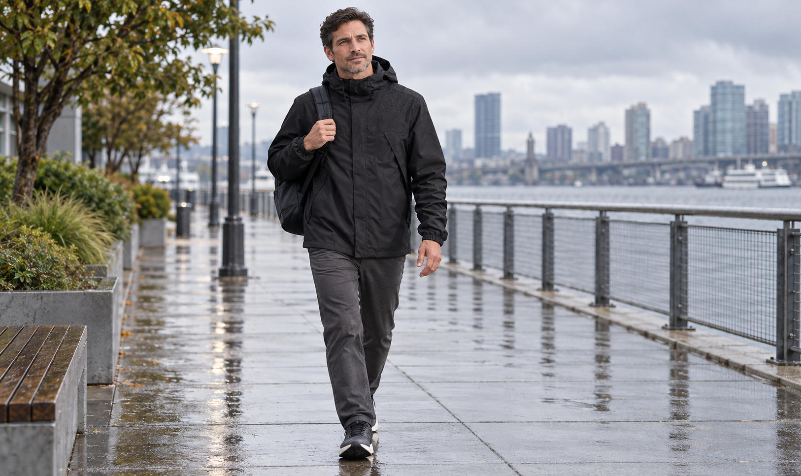 Man wearing a black lightweight waterproof hooded jacket after city rain