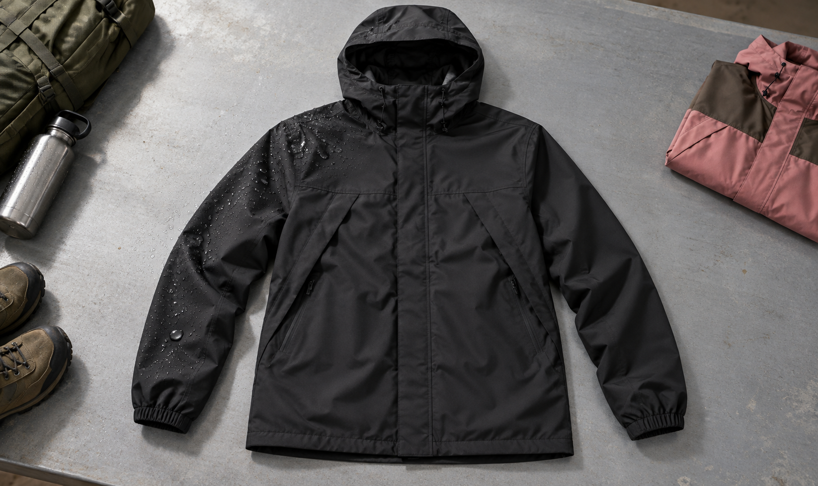 Black lightweight waterproof jacket showing hood storm placket pockets and cuffs