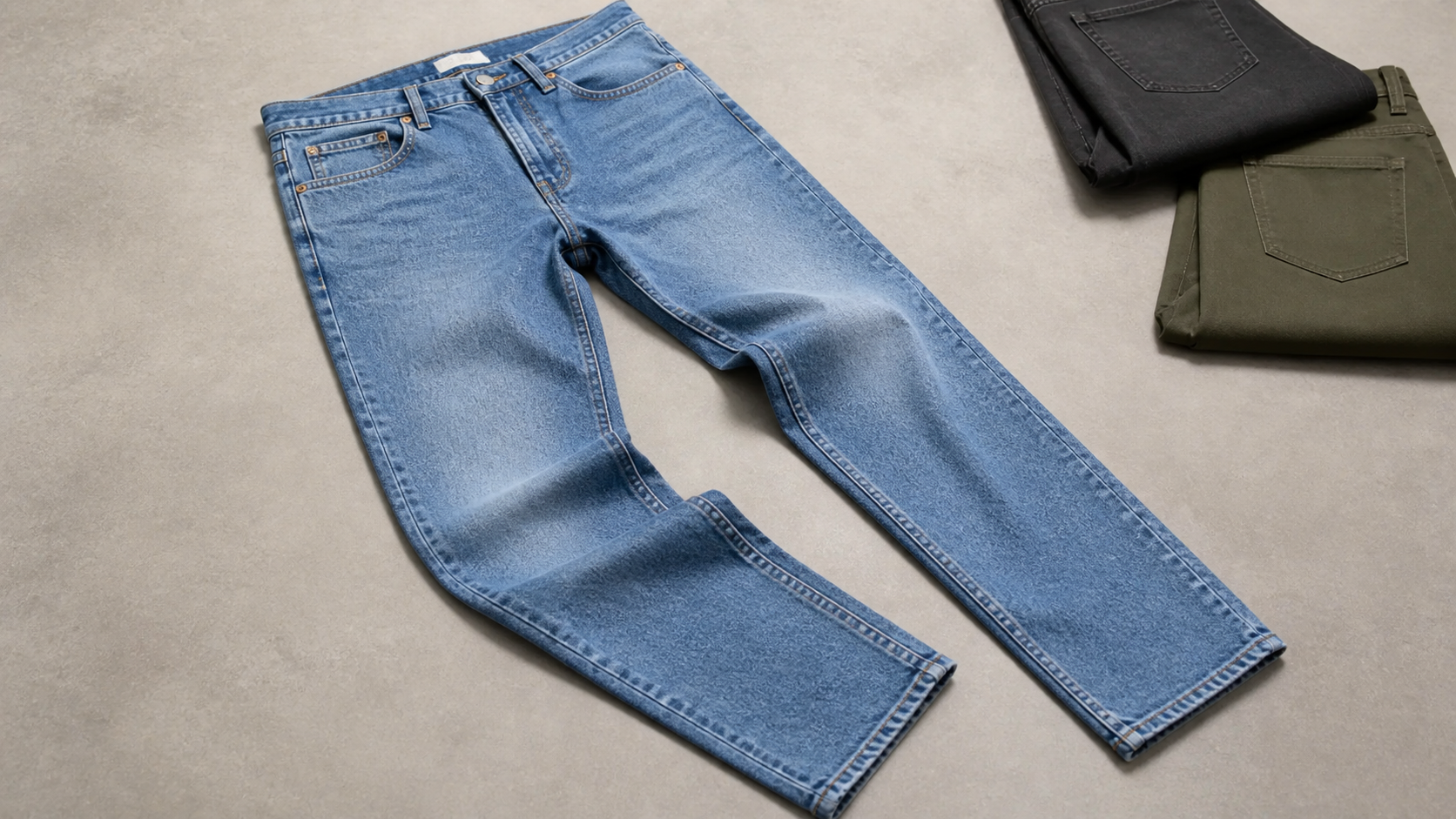 Medium-blue straight jeans showing waistband, fly, pockets, seams and hems