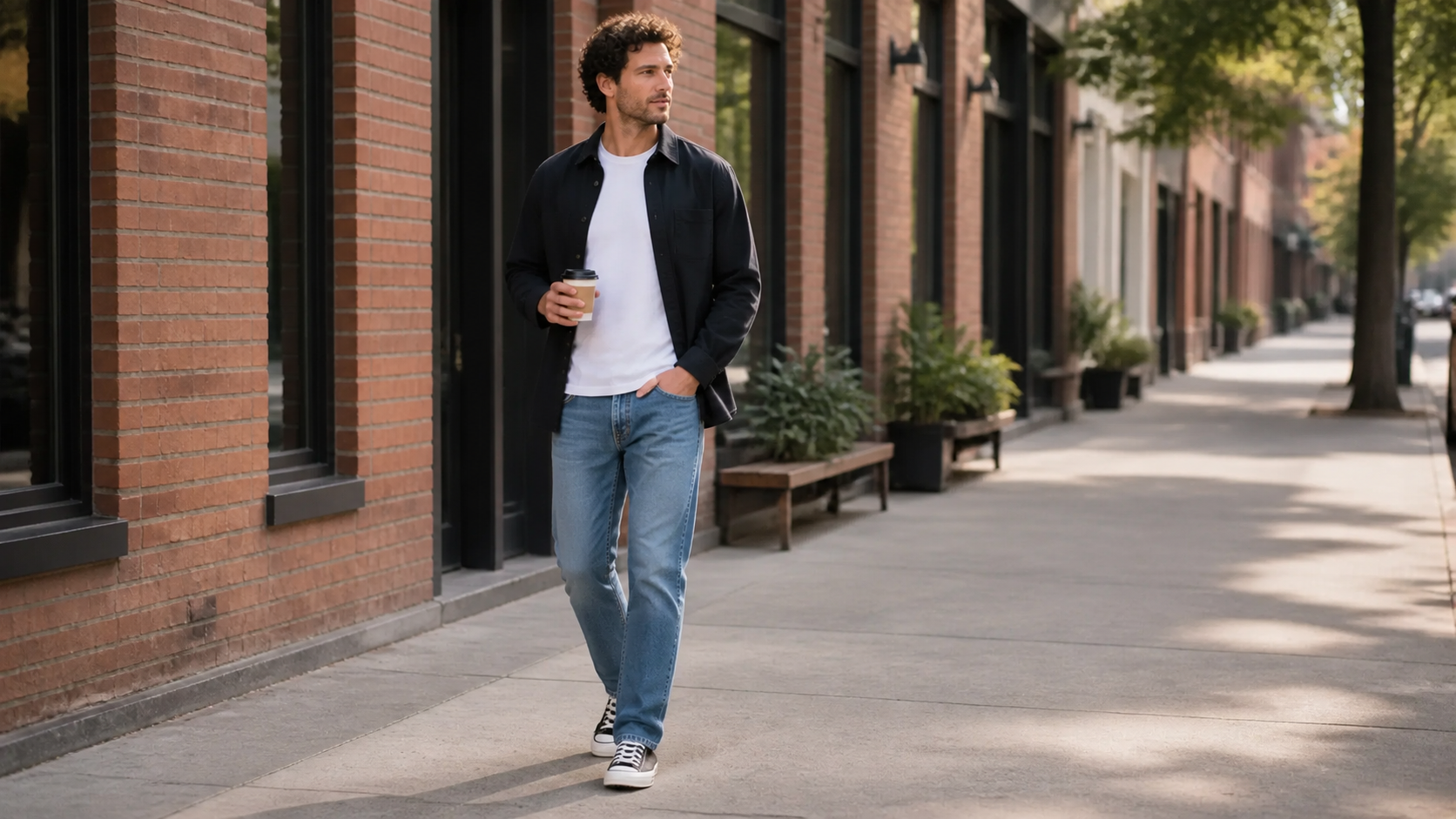 Man wearing medium-blue classic regular-fit straight jeans on a city sidewalk