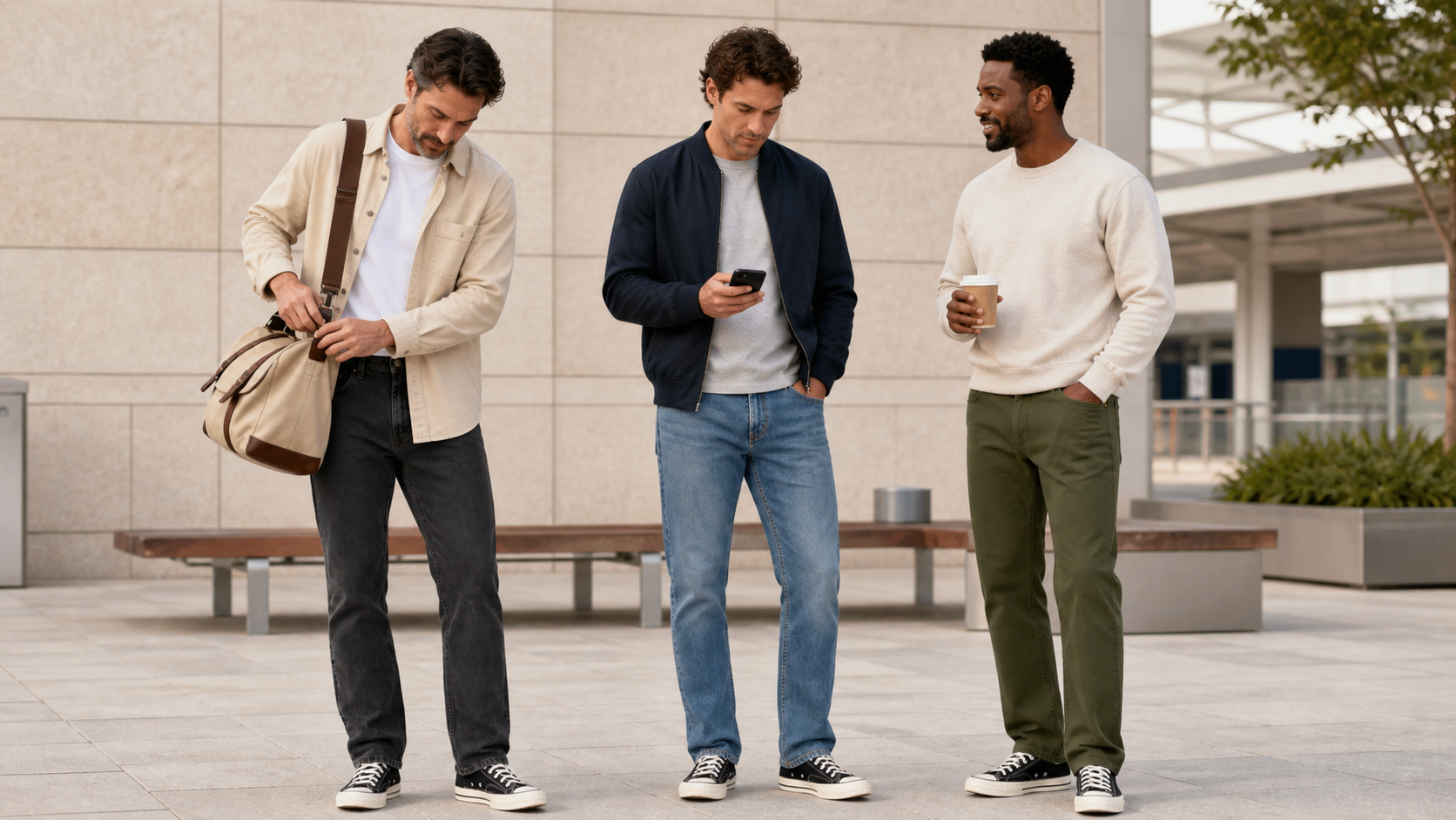 Three men wearing washed black, medium blue and olive regular-fit straight jeans