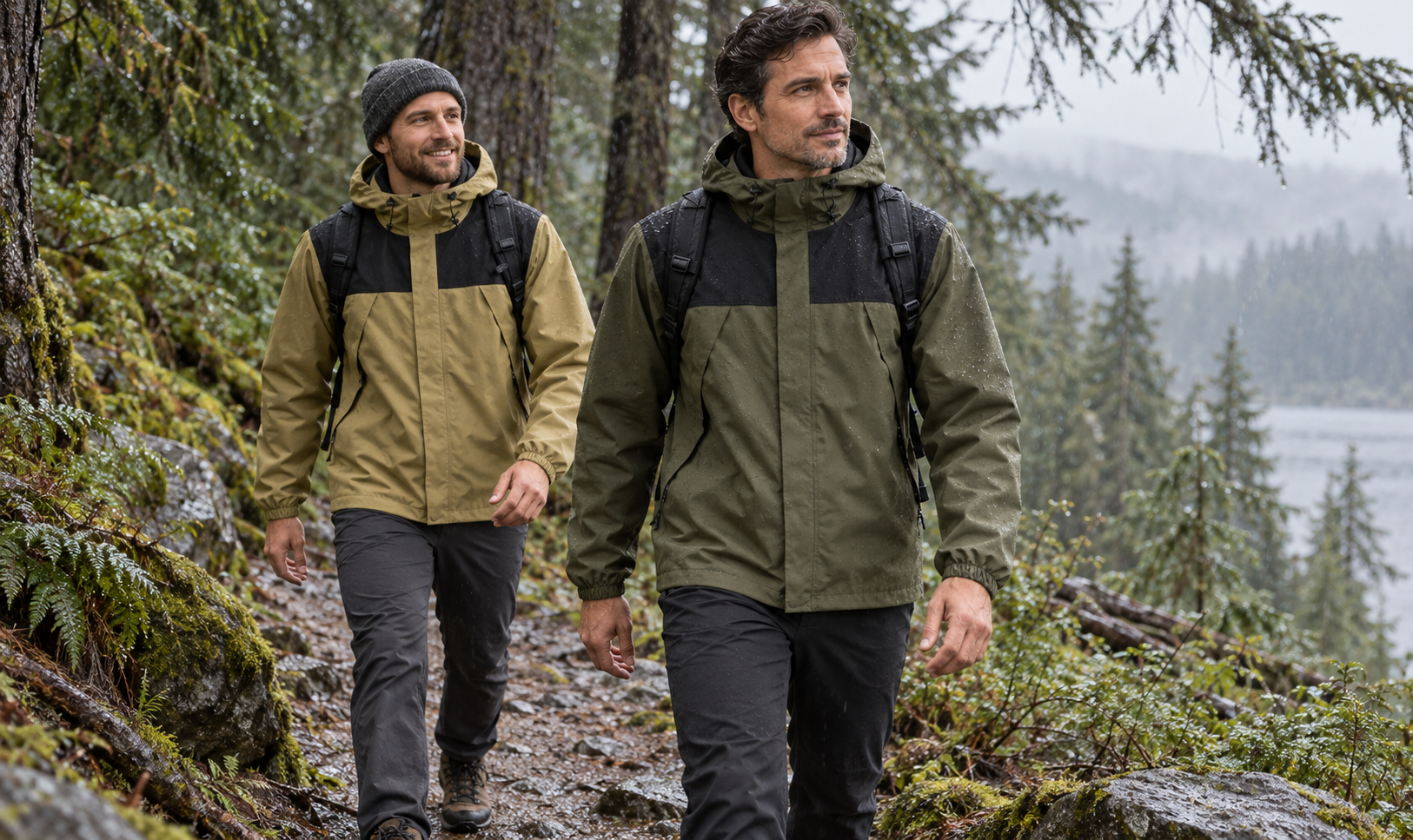 Two men wearing lightweight waterproof hooded jackets on a wet forest trail