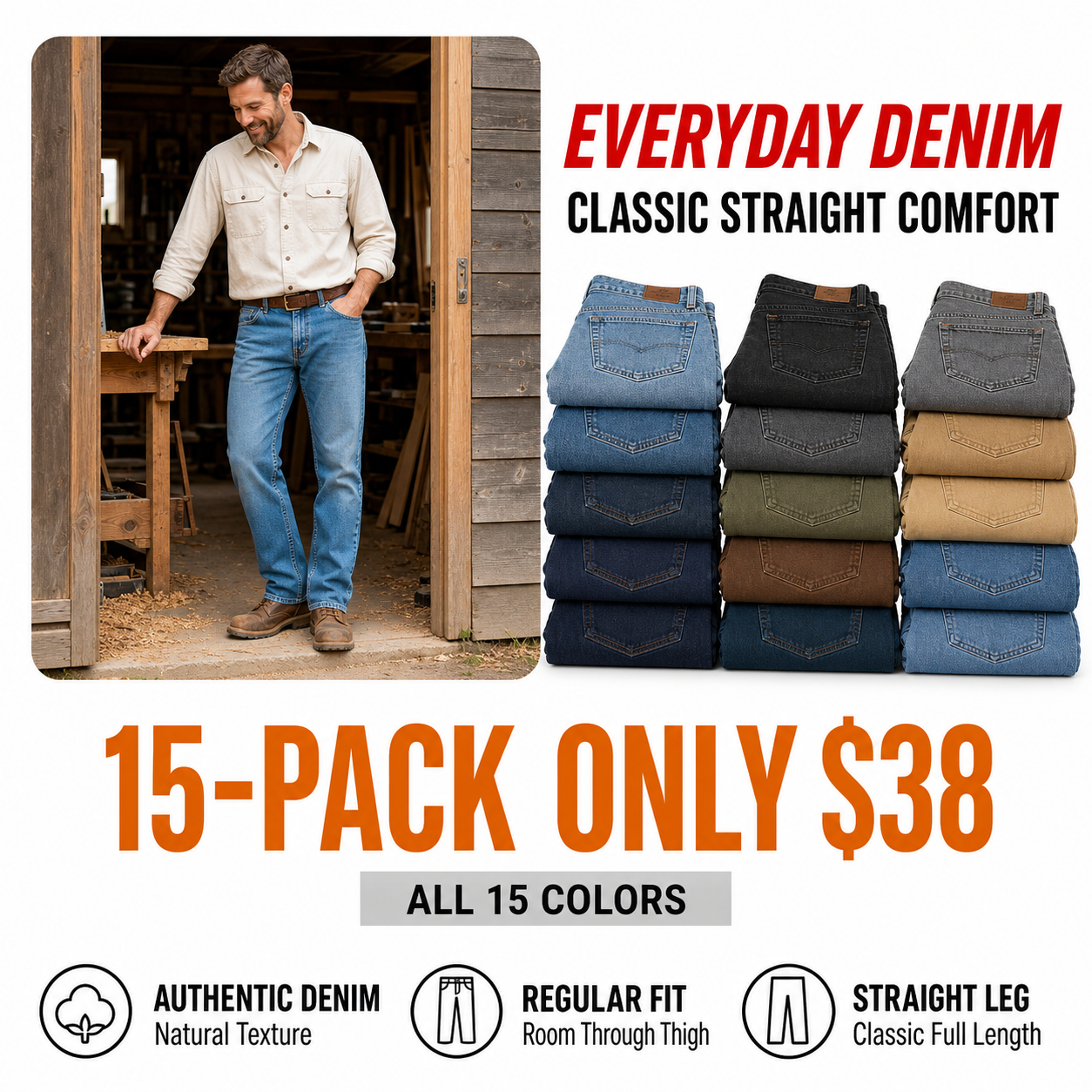 15-pack of classic regular-fit straight jeans in all colors