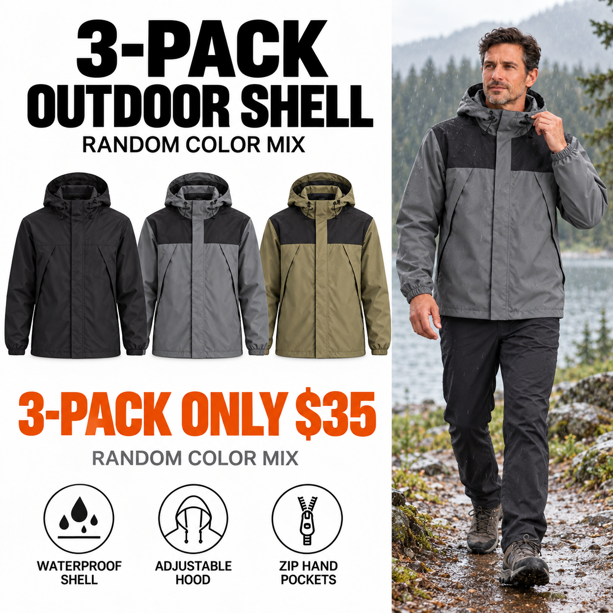 Three pack of lightweight waterproof hooded jackets in random colors