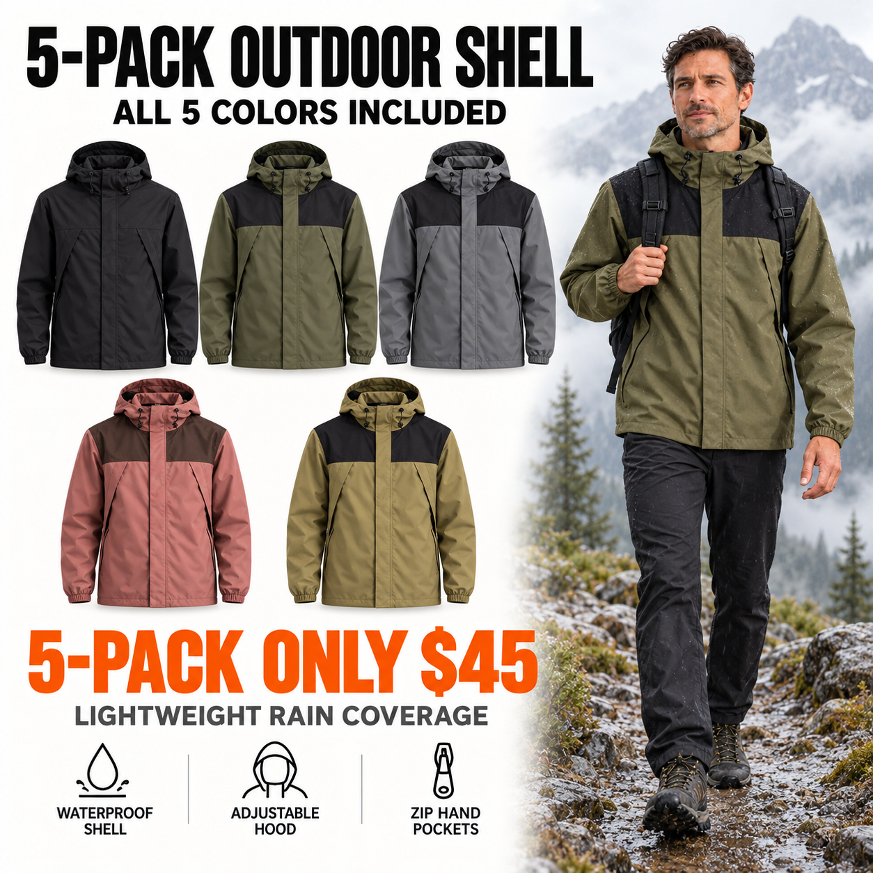 Five pack of lightweight waterproof hooded jackets in all five colors