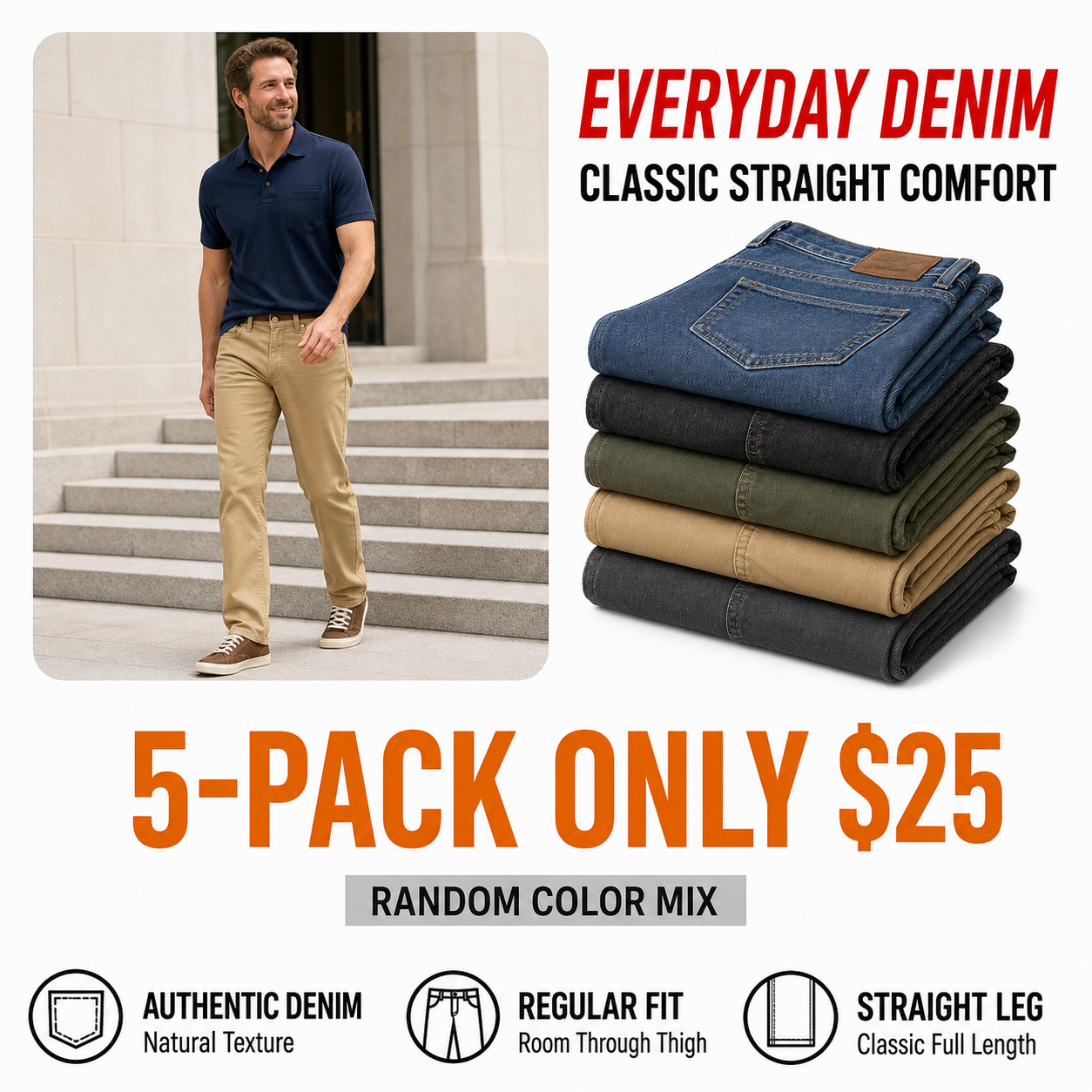 5-pack of classic regular-fit straight jeans in random colors