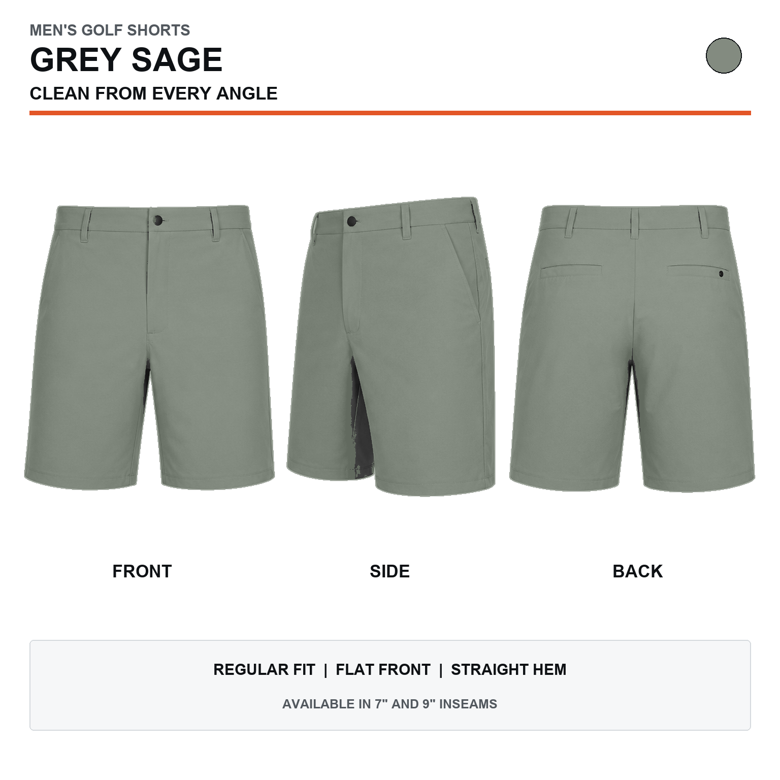 Grey Sage men's stretch golf shorts front, side and back views