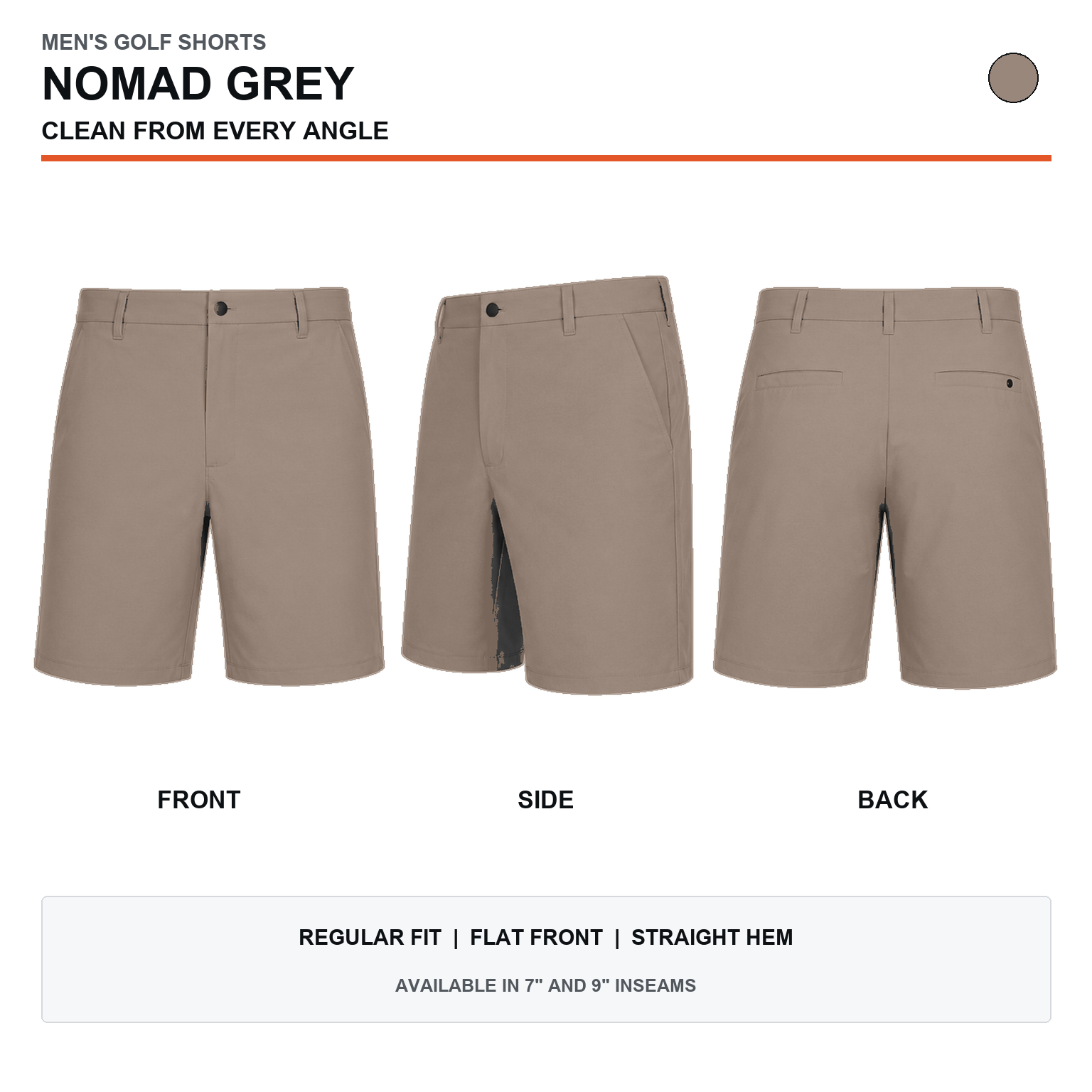 Nomad Grey men's stretch golf shorts front, side and back views