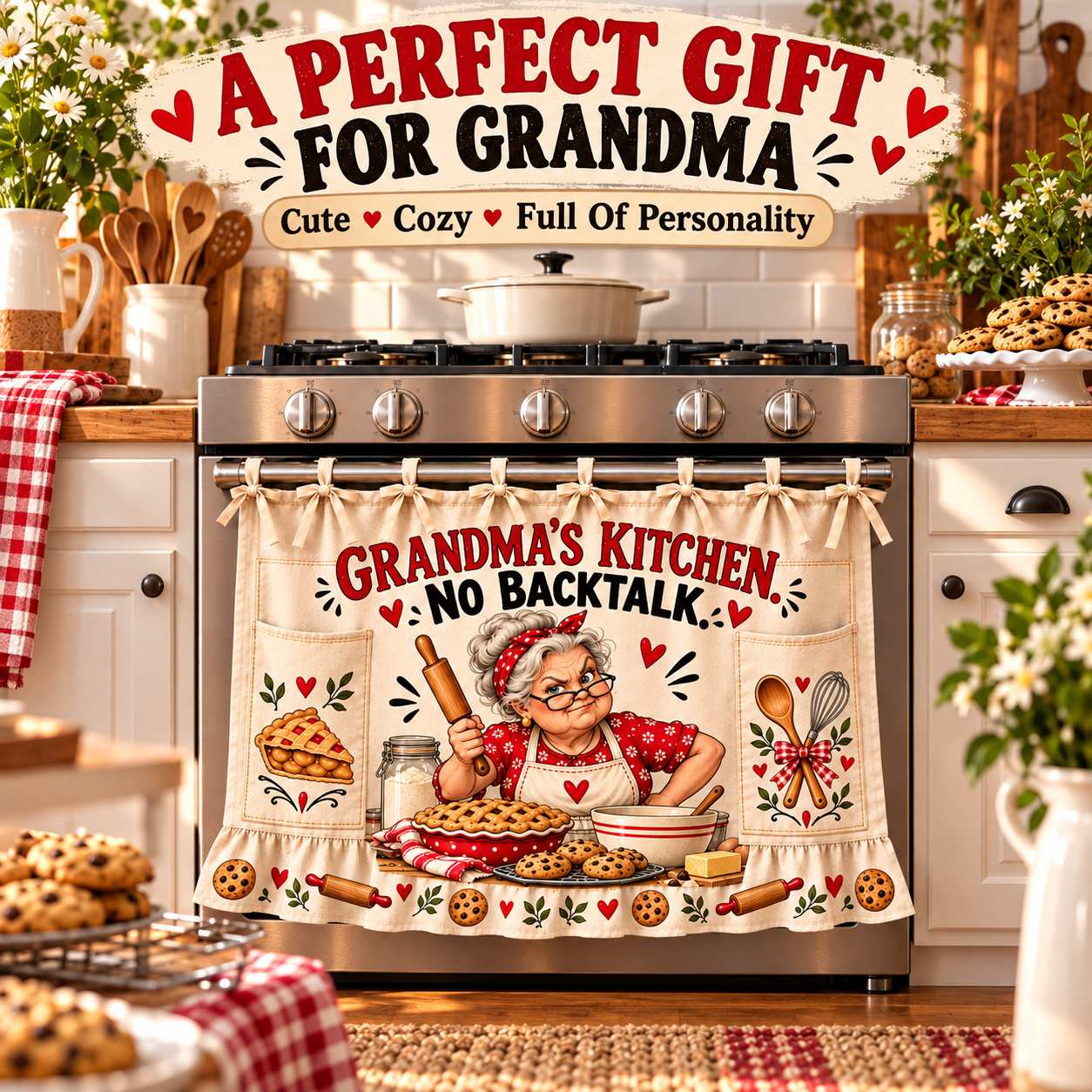 Funny farmhouse oven door curtain as a gift for Grandma