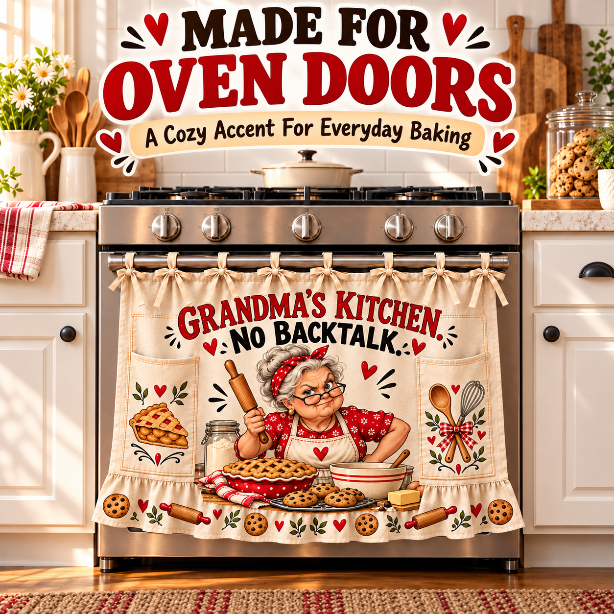 Decorative farmhouse curtain hanging on an oven door