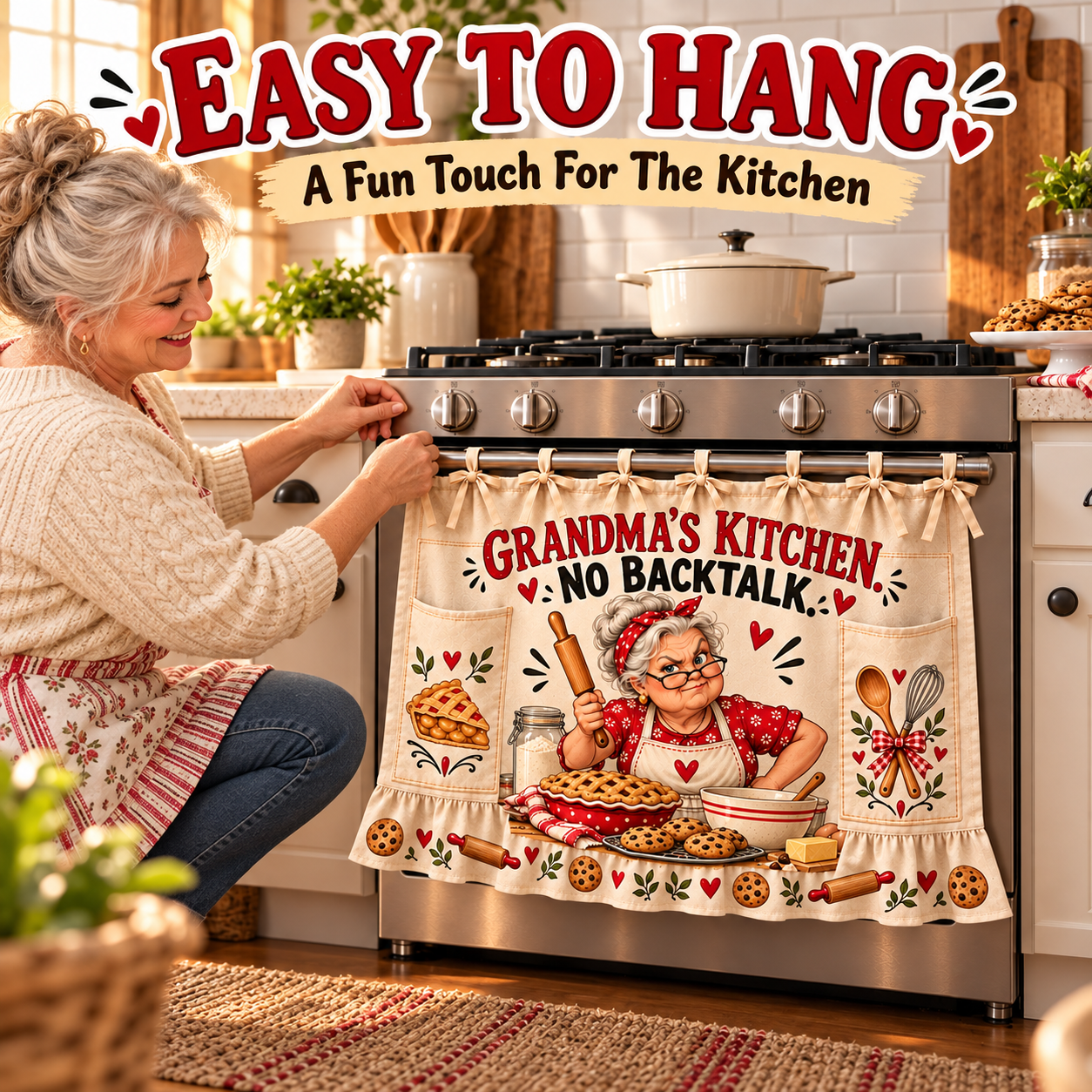 Funny farmhouse oven door curtain displayed in a cozy kitchen
