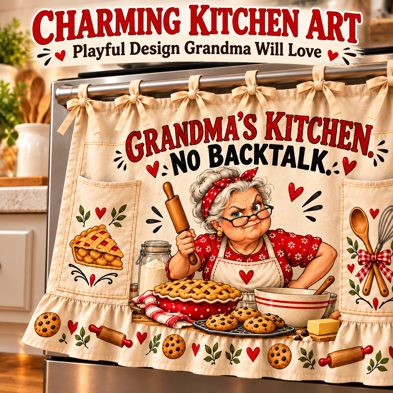 Close-up of funny Grandma kitchen curtain with farmhouse artwork