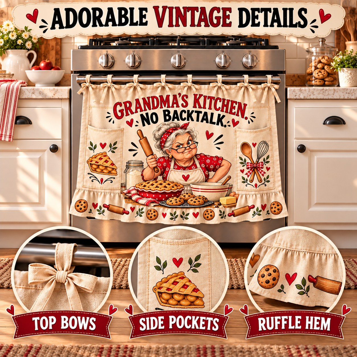 Farmhouse oven curtain decorative bows side details and ruffled hem