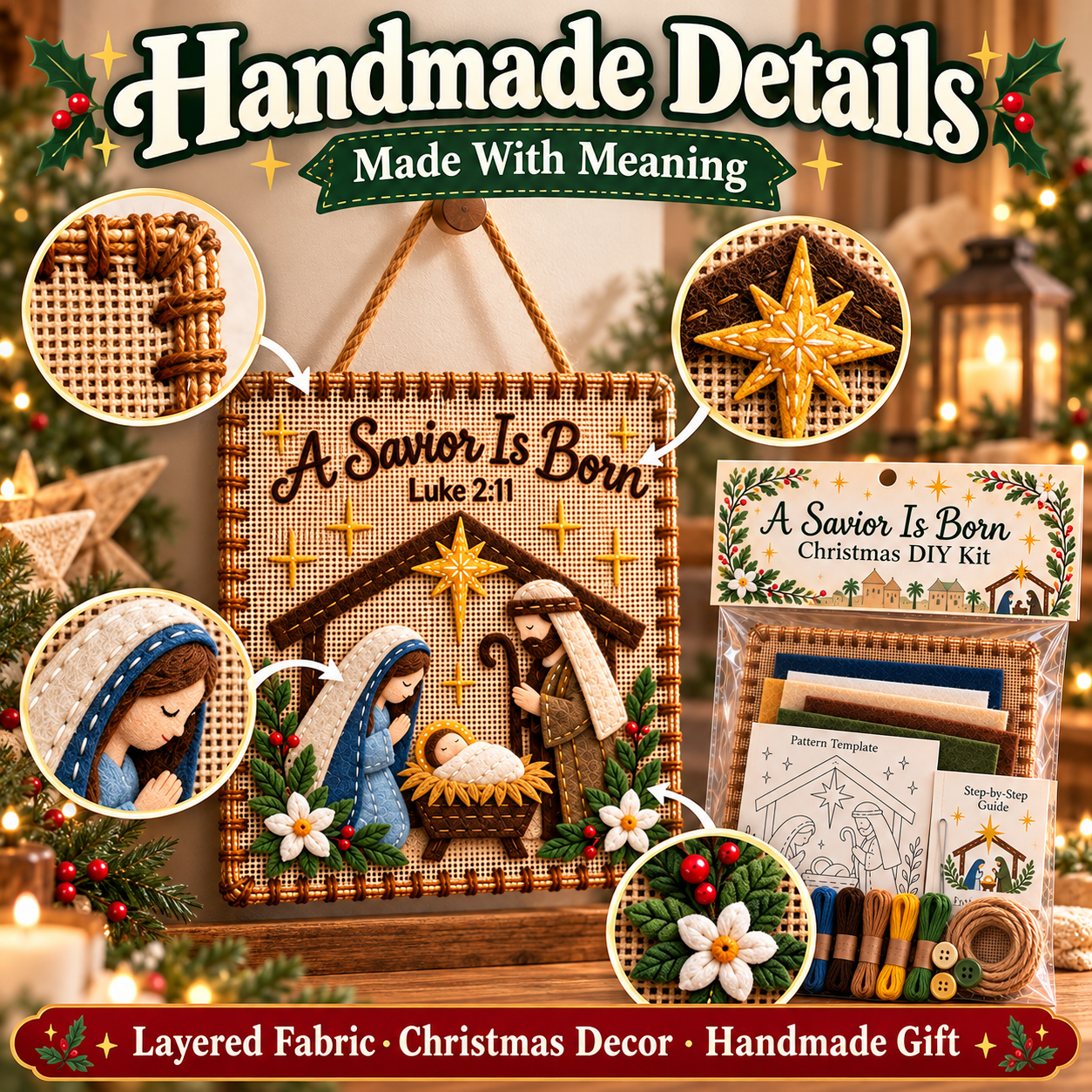 Full Nativity artwork with close views of its fabric layers, star and flowers