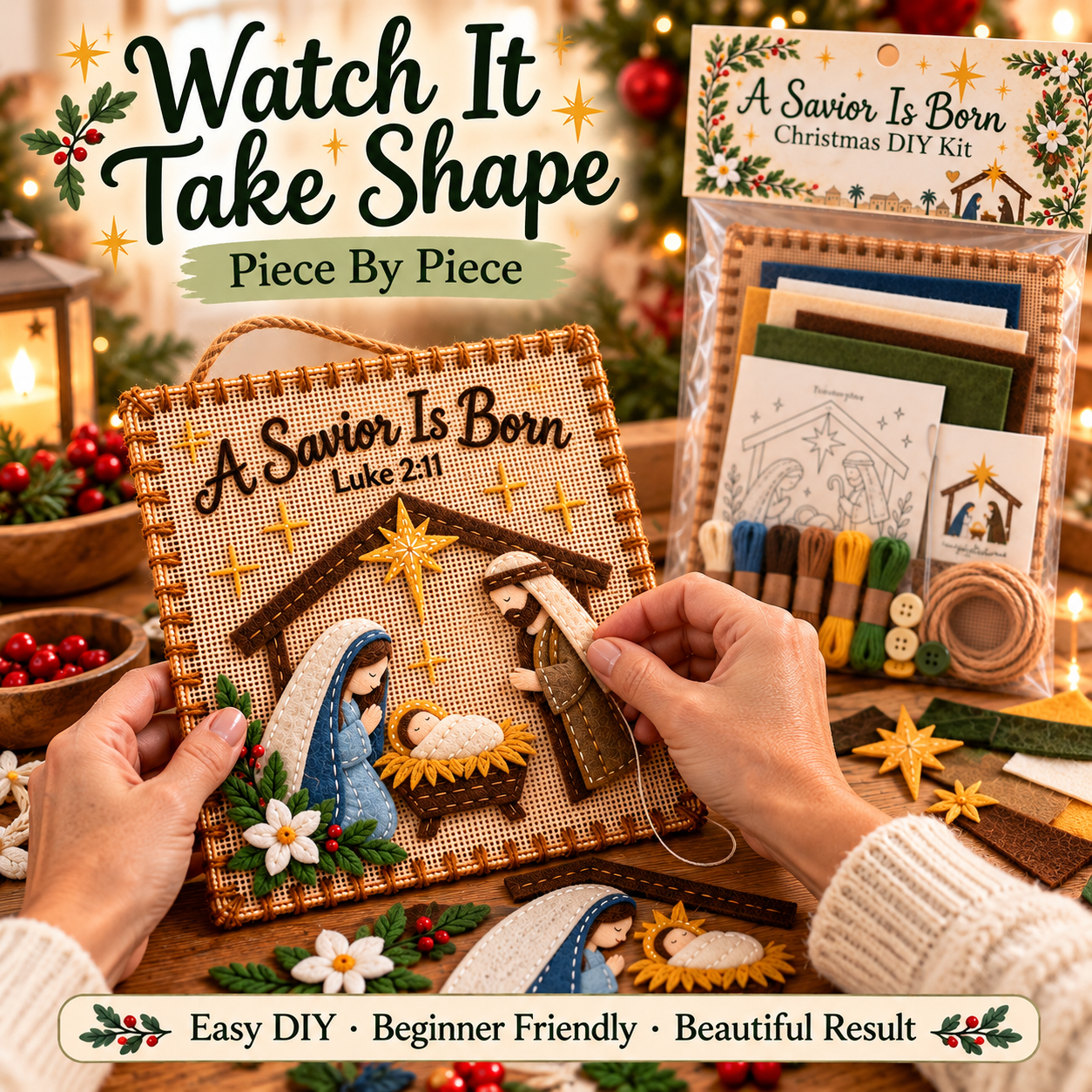 Hands assembling the fabric Nativity scene with the kit beside it