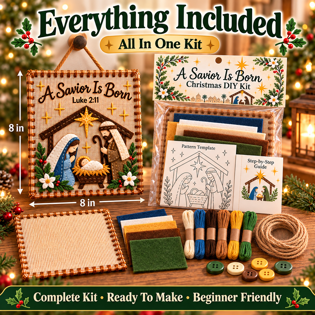 Fabric weaving kit contents including base, fabrics, threads, pattern and guide