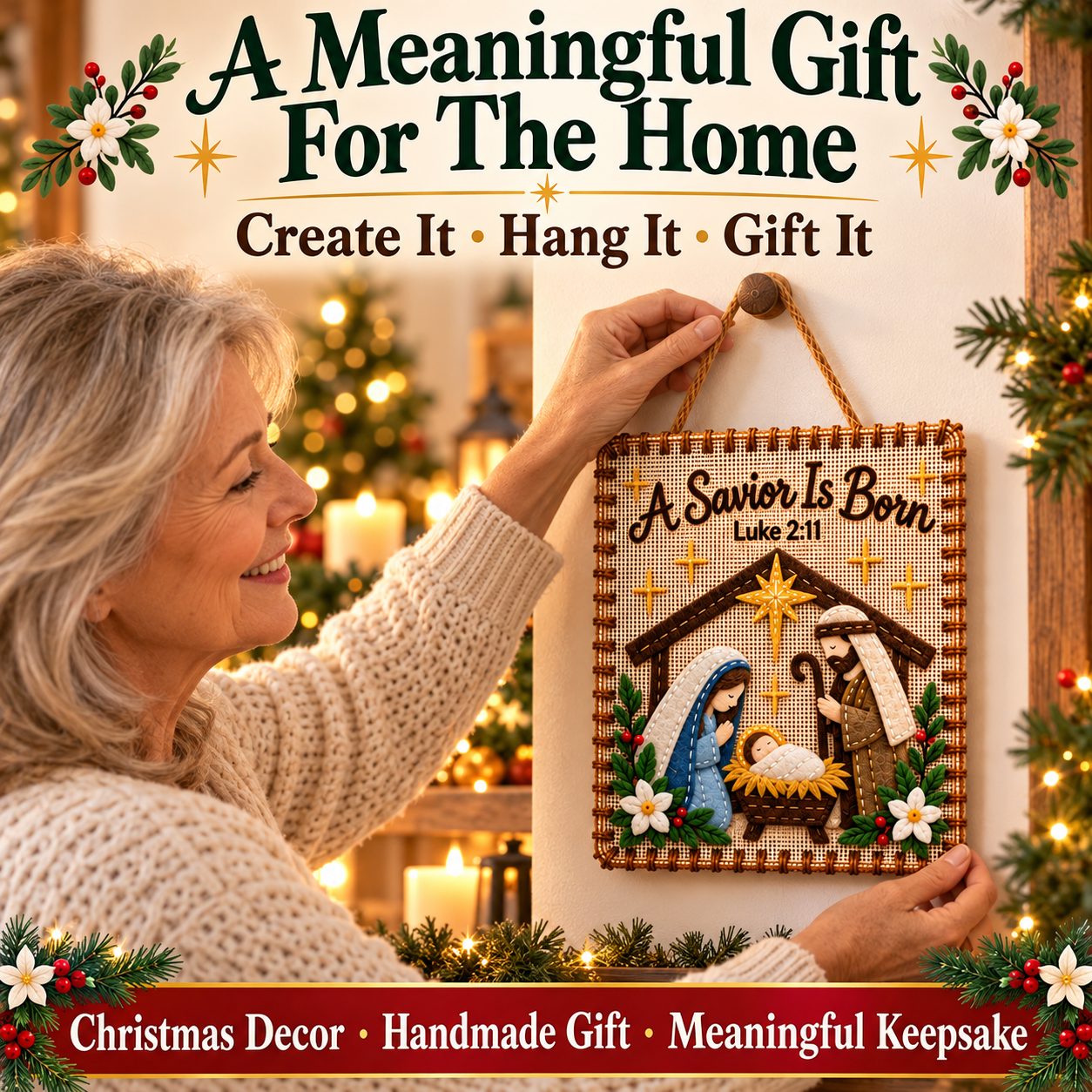 Woman hanging her handmade A Savior Is Born Christmas fabric artwork