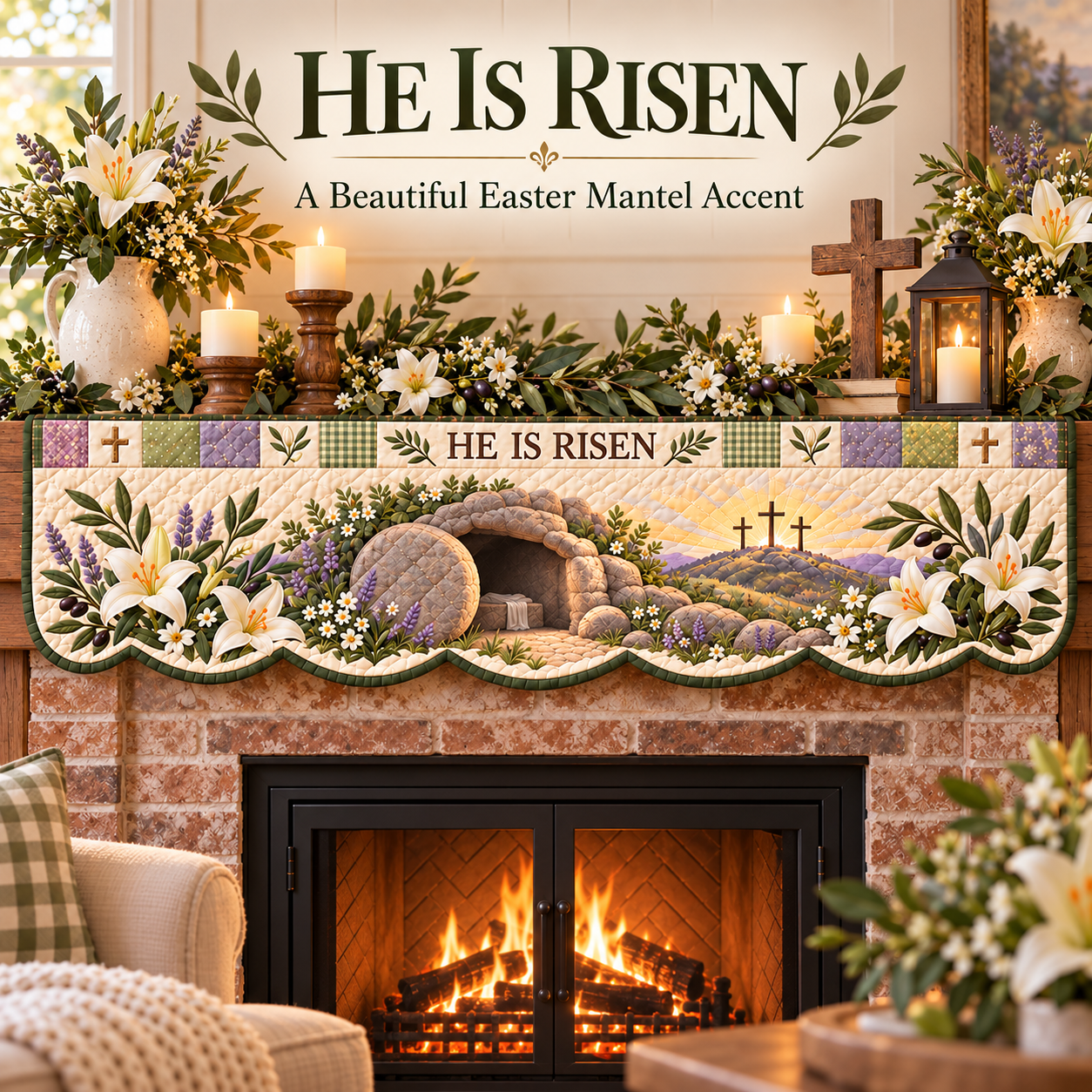 He Is Risen Easter mantel scarf in a spring home