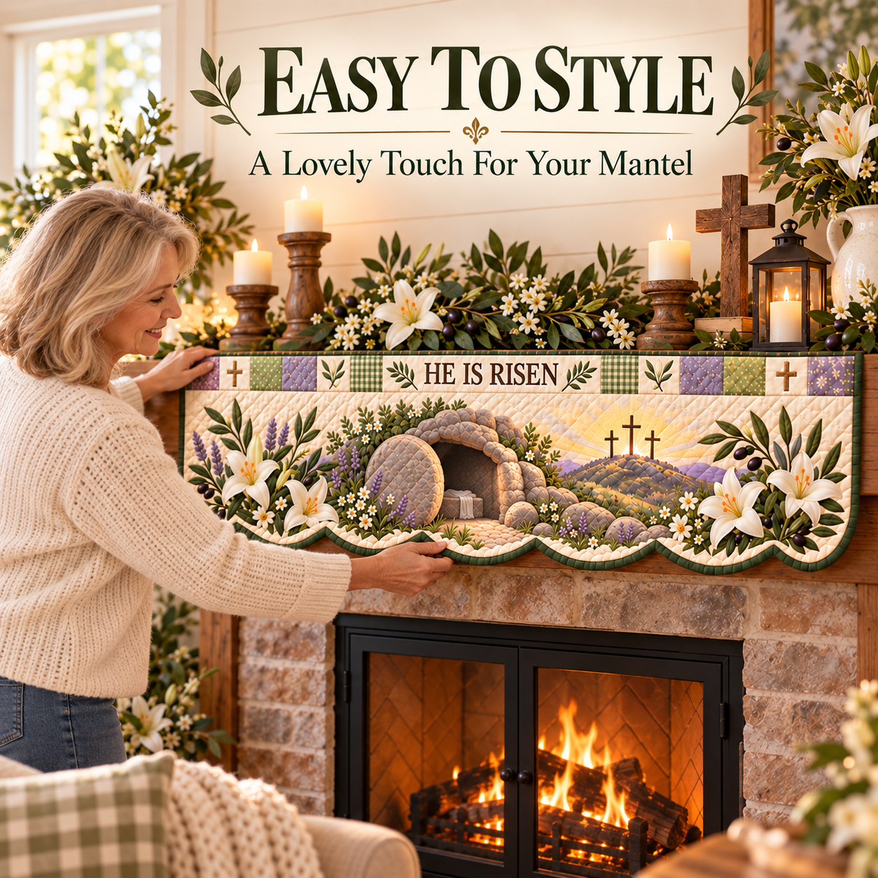 Easter faith mantel scarf styled on a fireplace