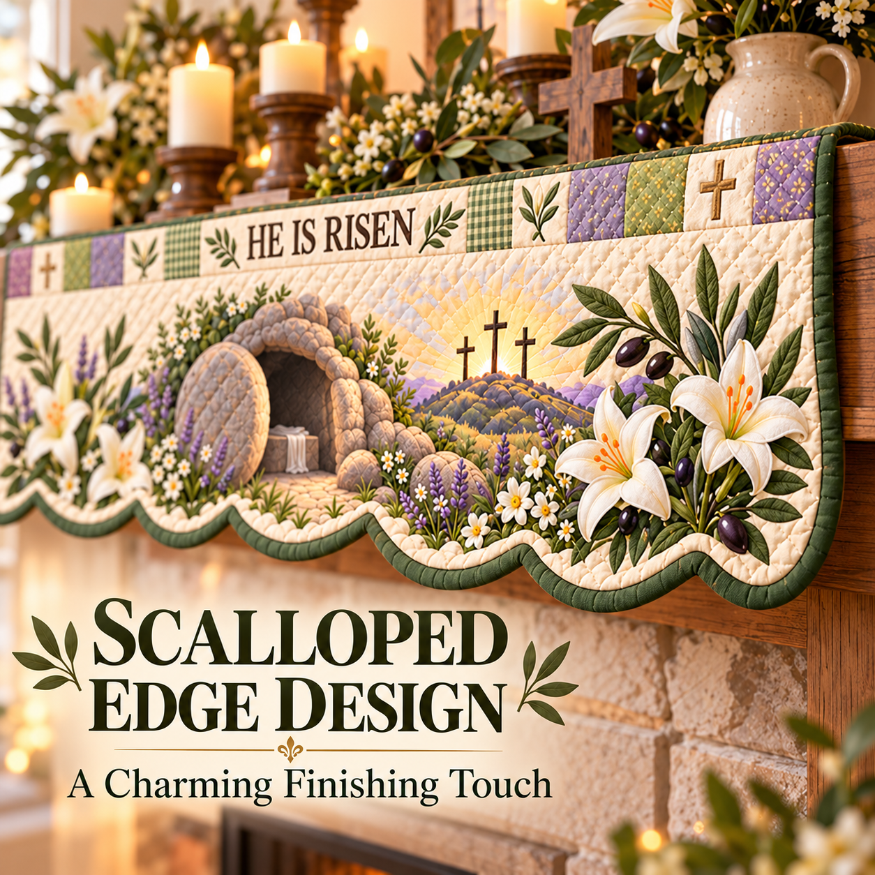 Scalloped edge design on Easter mantel scarf