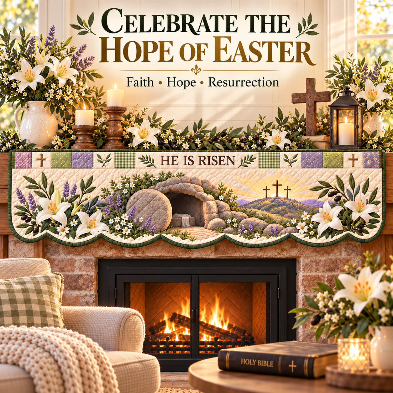 Easter Faith Quilted Patchwork Fireplace Mantel Scarf