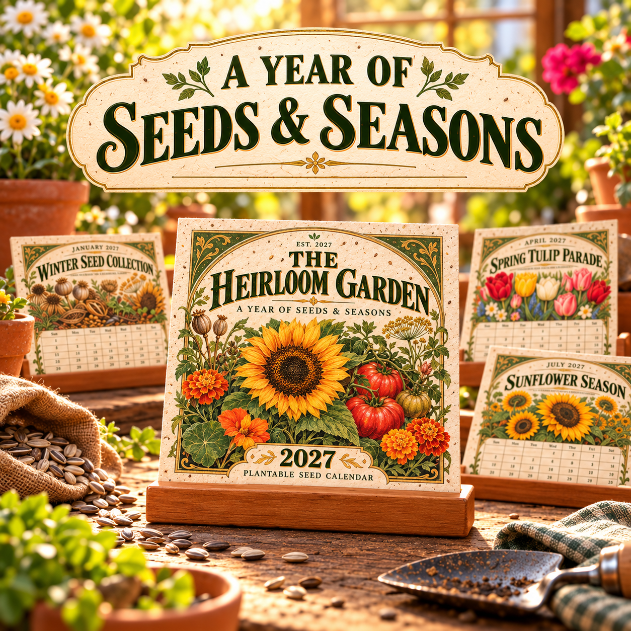 Vintage-style garden calendar displayed with sunflower artwork and seasonal monthly cards
