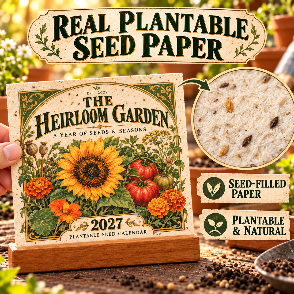 Close-up illustration of seeds embedded in botanical calendar paper