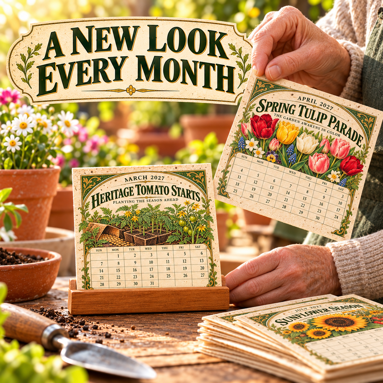 2027 Heirloom Garden Calendar displayed on included wooden stand