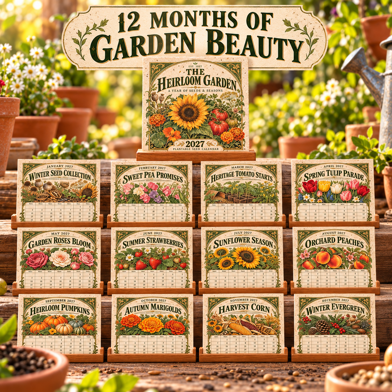 2027 Heirloom Garden calendar with twelve vintage botanical monthly designs