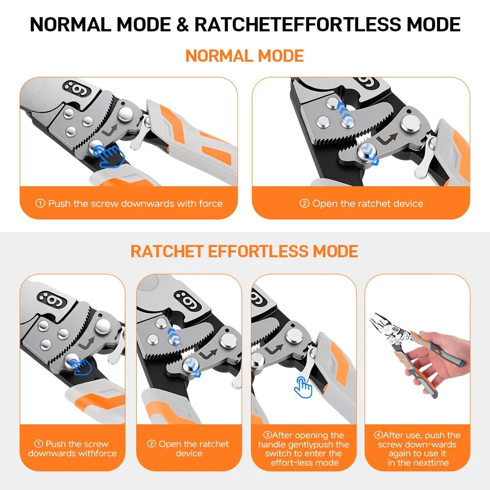 Normal and ratchet modes of industrial self-locking pliers