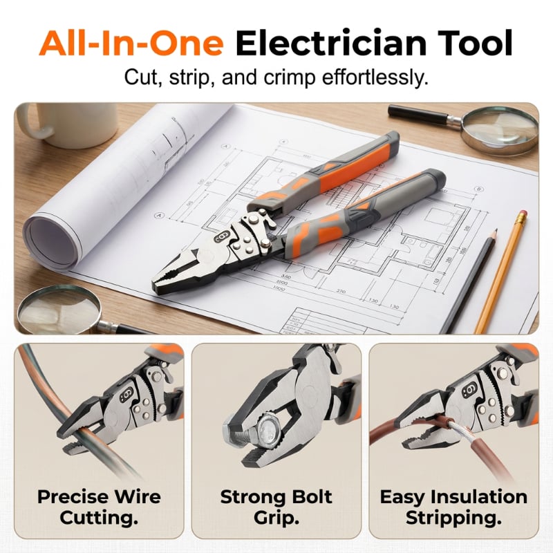 All-in-one ratchet pliers for electrical repair wire cutting gripping and stripping
