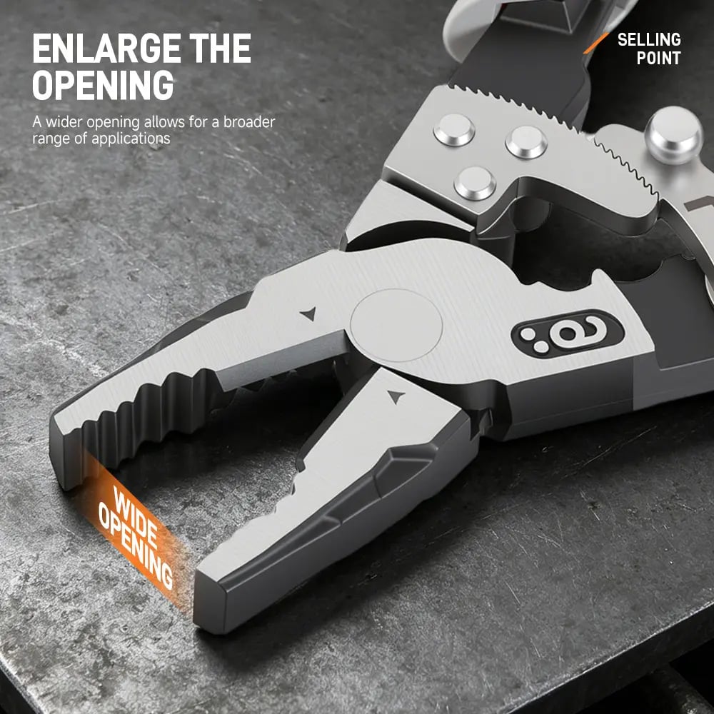 Wide opening serrated jaws on industrial ratchet pliers
