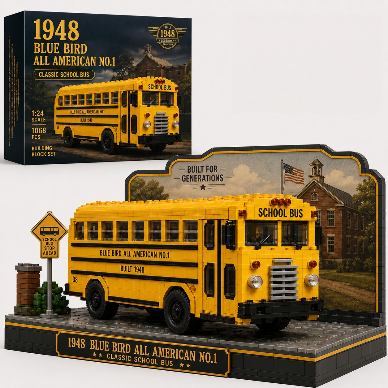 🇺🇸 Built for Generations — 1948 Blue Bird All American No.1 Classic School Bus Building Block Set