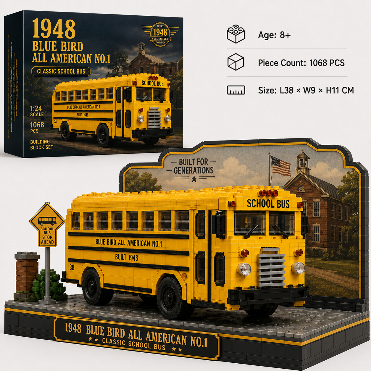 🇺🇸 Built for Generations — 1948 Blue Bird All American No.1 Classic School Bus Building Block Set