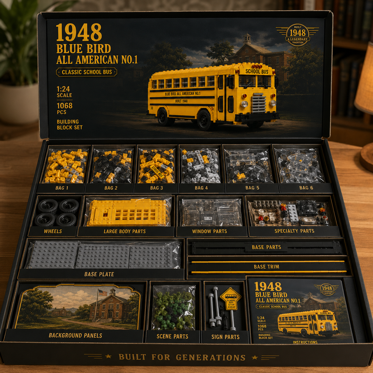 🇺🇸 Built for Generations — 1948 Blue Bird All American No.1 Classic School Bus Building Block Set