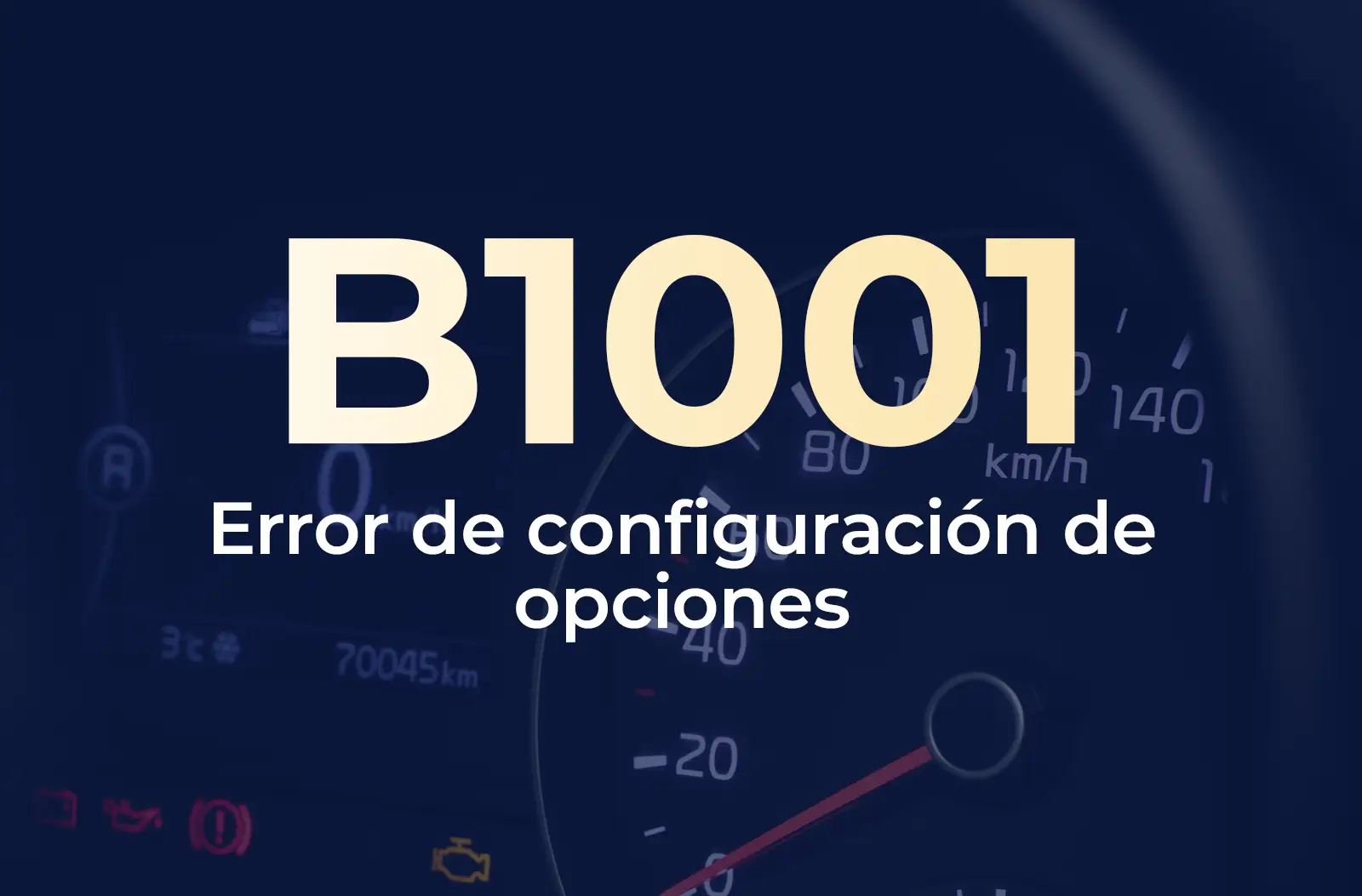 La imagen muestra el código B1001 en amarillo y el texto "Error de configuración de opciones" en blanco, sobre el fondo azul desenfocado del tablero de un vehículo.