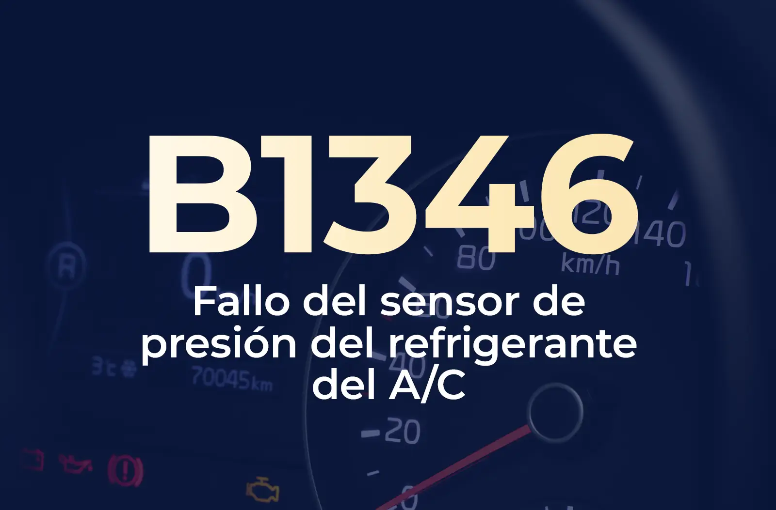 La imagen muestra el código B1346 en amarillo y el texto "Fallo del sensor de presión del refrigerante del A/C" en blanco, sobre el fondo azul desenfocado del tablero de un vehículo.