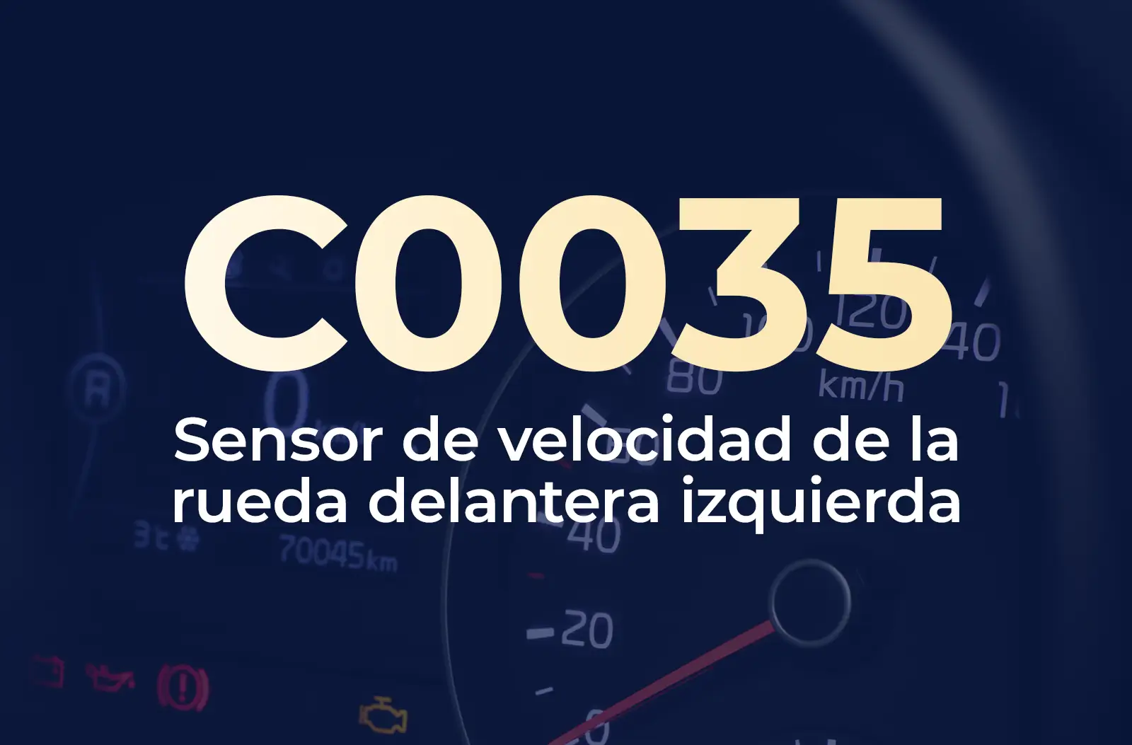 Muestra el código C0035 en amarillo y el texto "Sensor de velocidad de la rueda delantera izquierda" en blanco, sobre un fondo azul desenfocado del tablero del vehículo.