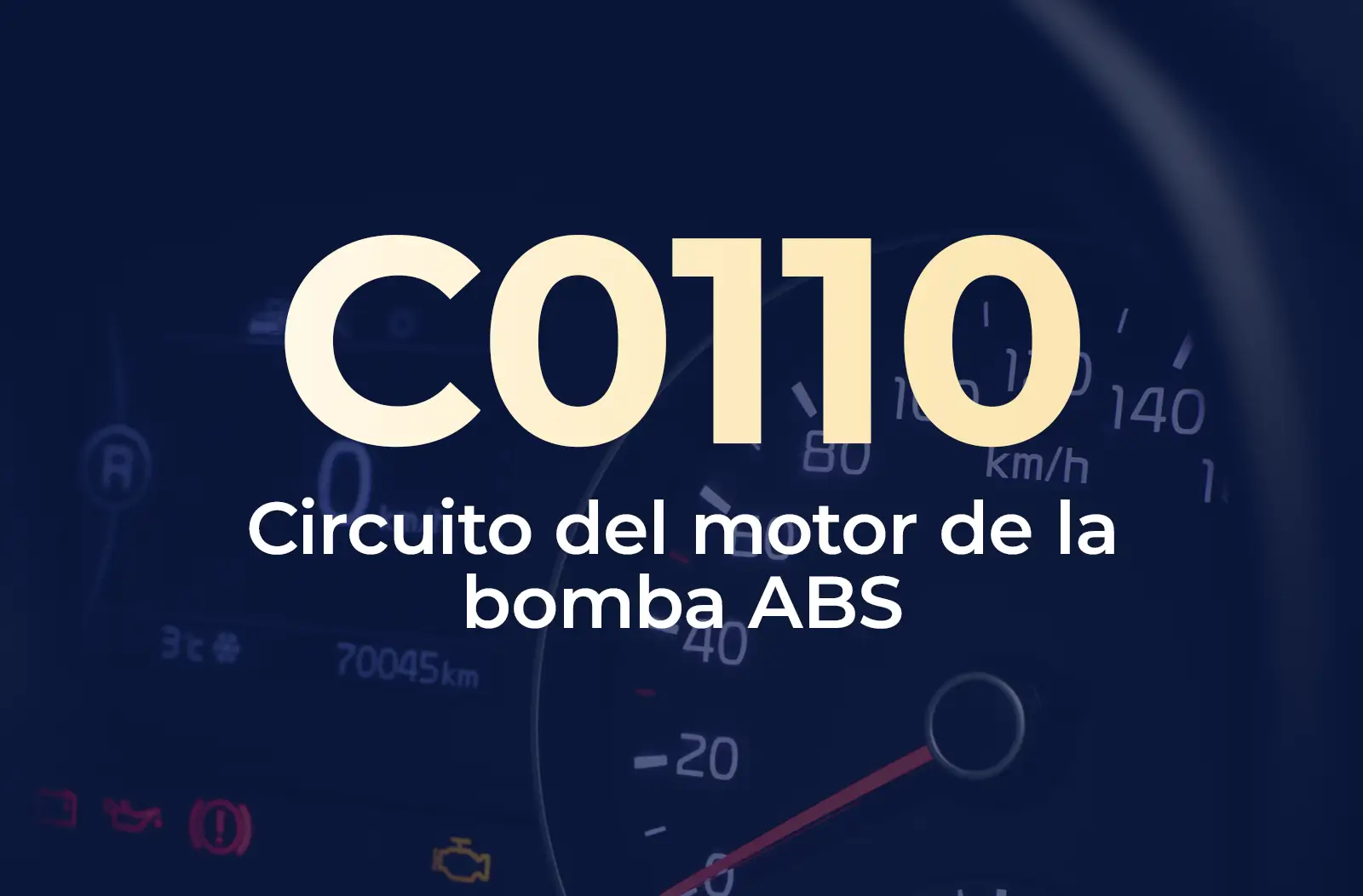 Muestra el código C0110 en amarillo y el texto "Circuito del motor de la bomba ABS" en blanco, sobre el fondo azul desenfocado del tablero del vehículo.