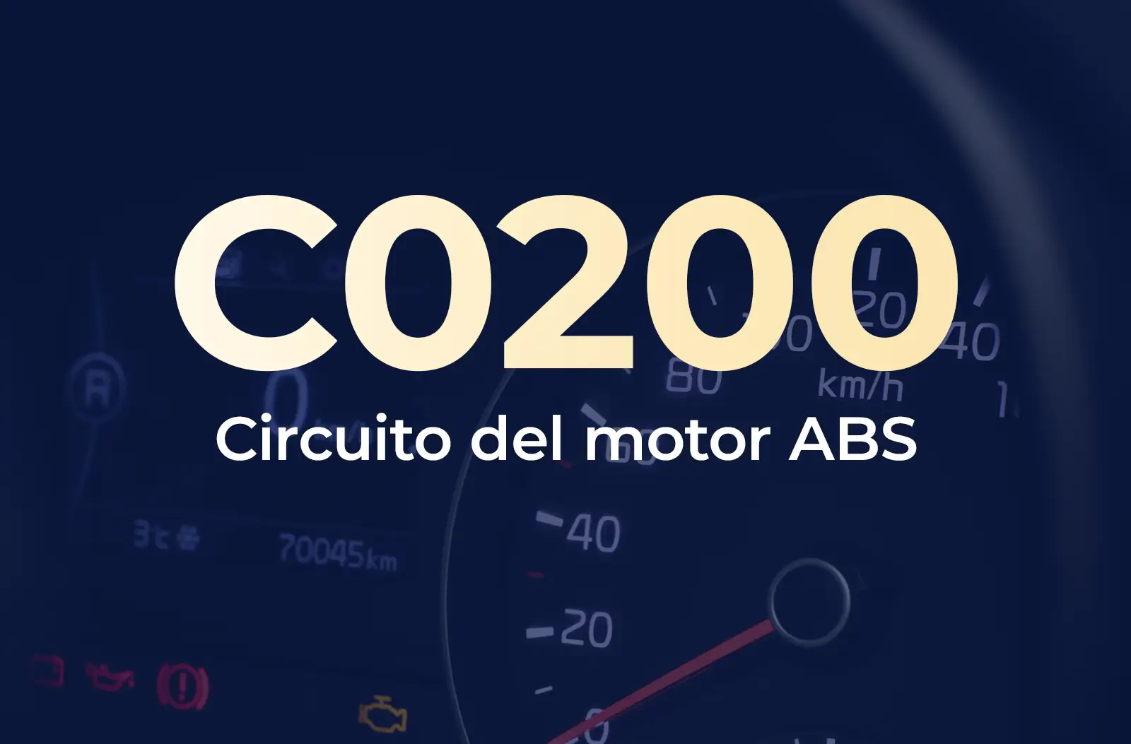 Muestra el código C0200 en amarillo y el texto "Circuito del motor ABS" en blanco, sobre el fondo azul desenfocado del tablero del vehículo.