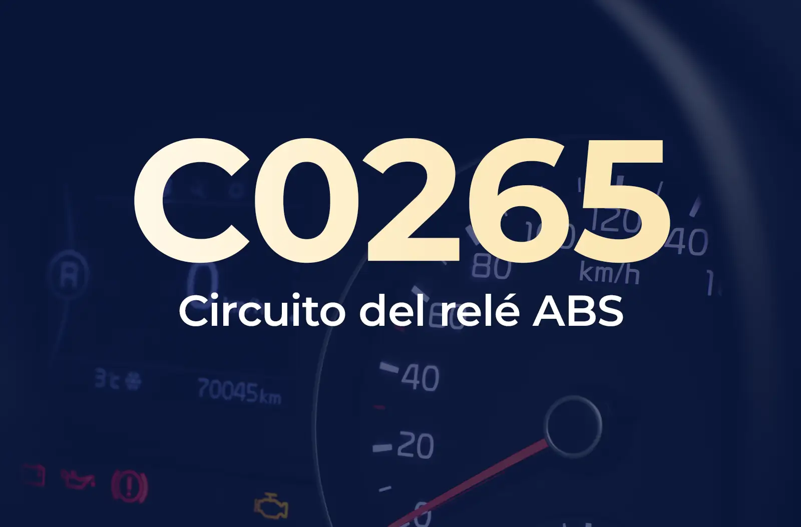 Muestra el código C0265 en amarillo y el texto "Circuito del relé ABS" en blanco, sobre el fondo azul desenfocado del tablero del vehículo.