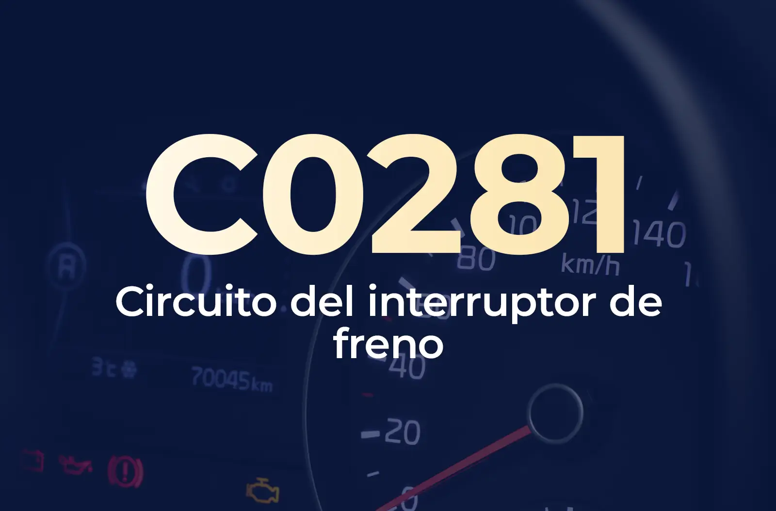 Muestra el código C0281 en amarillo y el texto "Circuito del interruptor de freno" en blanco, sobre el fondo azul desenfocado del tablero del vehículo.