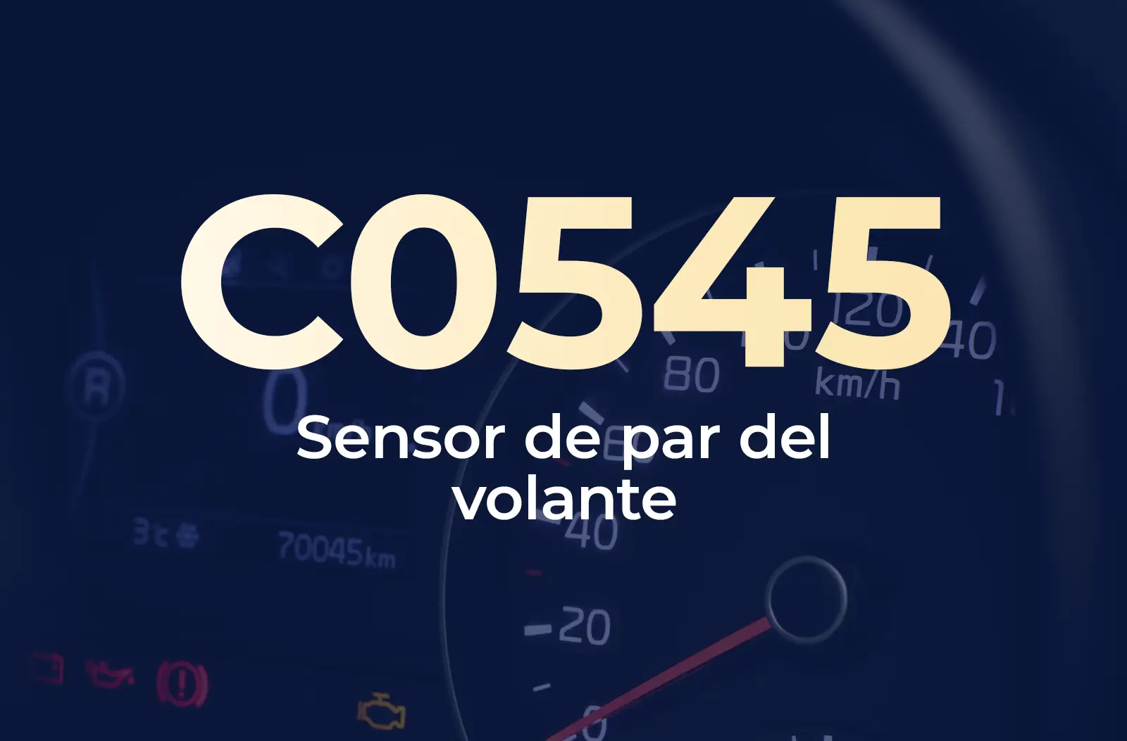 Muestra el código C0545 en amarillo y el texto "Sensor de par del volante" en blanco, sobre el fondo azul desenfocado del tablero del vehículo.