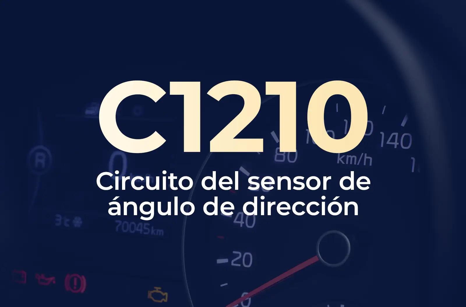 Muestra el código C1210 en amarillo y el texto "Circuito del sensor de ángulo de dirección" en blanco, sobre el fondo azul desenfocado del tablero del vehículo.