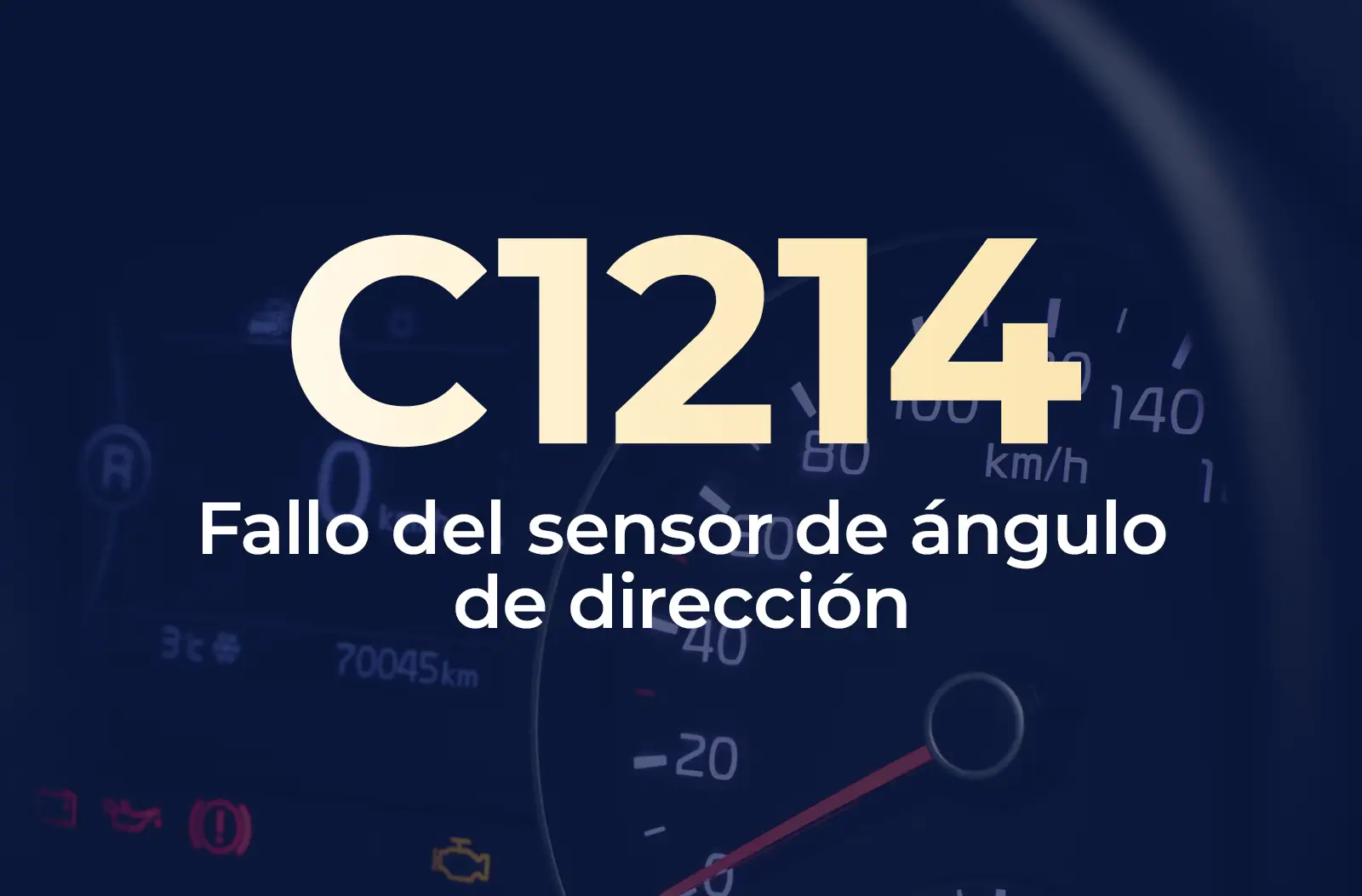 Muestra el código C1214 en amarillo y el texto "Fallo del sensor de ángulo de dirección" en blanco, sobre el fondo azul desenfocado del tablero del vehículo.