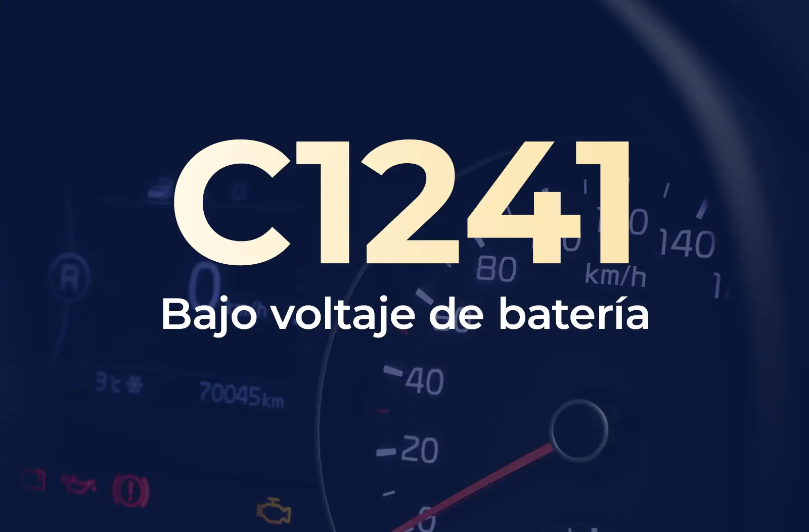 Muestra el código C1241 en amarillo y el texto "Bajo voltaje de batería" en blanco, sobre el fondo azul desenfocado del tablero del vehículo.