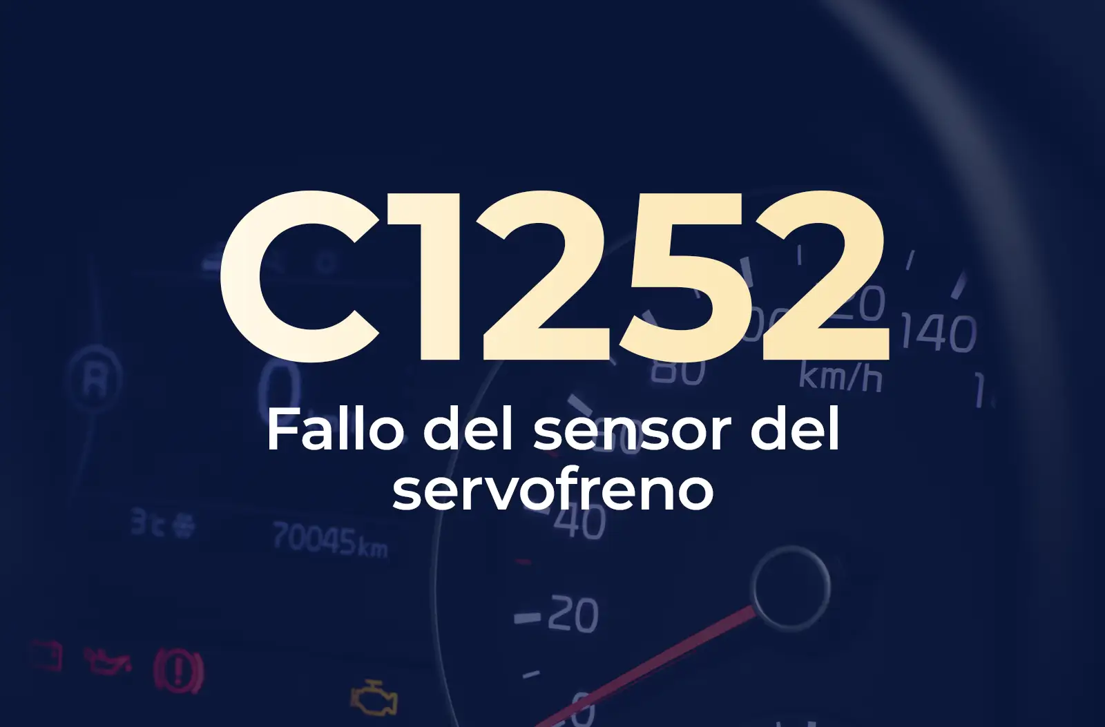 Muestra el código C1252 en amarillo y el texto "Fallo del sensor del servofreno" en blanco, sobre el fondo azul desenfocado del tablero del vehículo.